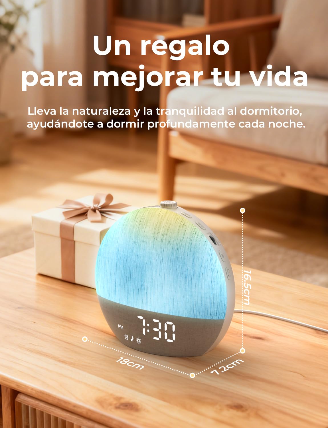 LIORQUE Despertador Amanecer, Despertador Luz Natural Simulación de Amanecer, 17 Modos de Luz, 30 Sonidos Relajantes, Modo de Ayuda para Dormir, Conexión Bluetooth, Función Alarma y Snooze