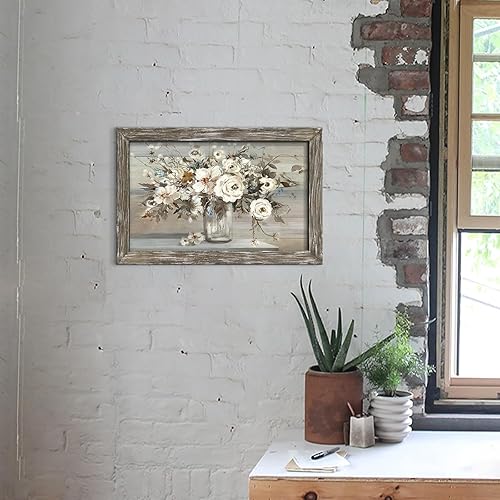 Miniatura 3 de Arte de pared enmarcado con ramo de rosas, pintura floral abstracta rústica marrón en florero, impresiones botánicas, obras de arte de madera para