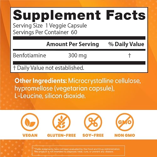 Vista 4 de Doctor's Best Benfotiamine 300 with BenfoPure, Helps Maintain Healthy Glucose Metabolism, Non-GMO, Vegan, Gluten Free, Soy Free, 300 mg, 60 Veggie