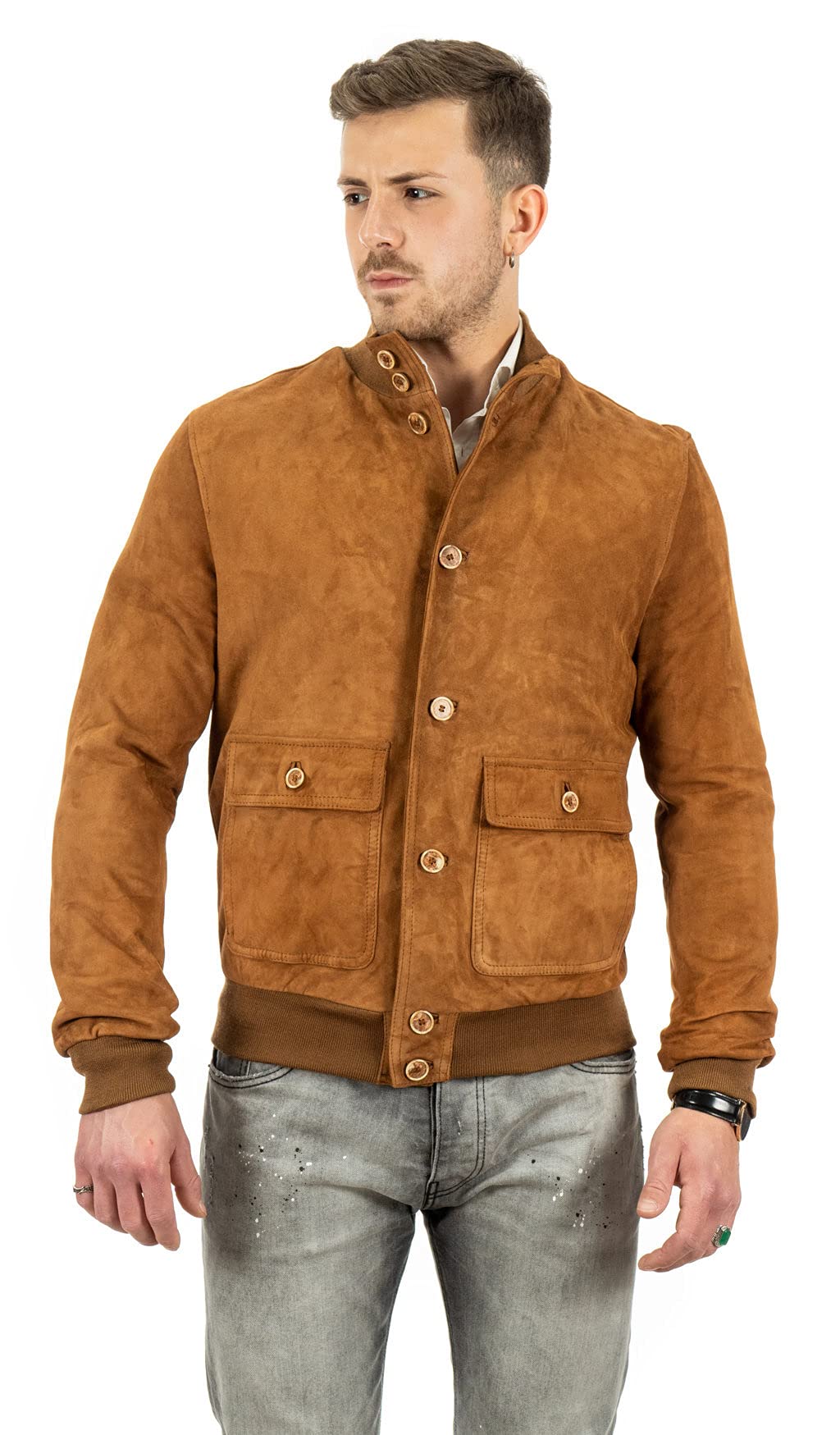 Pelletterie Borghese | Bomber in Pelle Uomo Renna Camoscio Scamosciato | Vera Pelle | Giacca in Pelle | Primavera | Giubbotto | Giubbino | Made in Italy | POLO