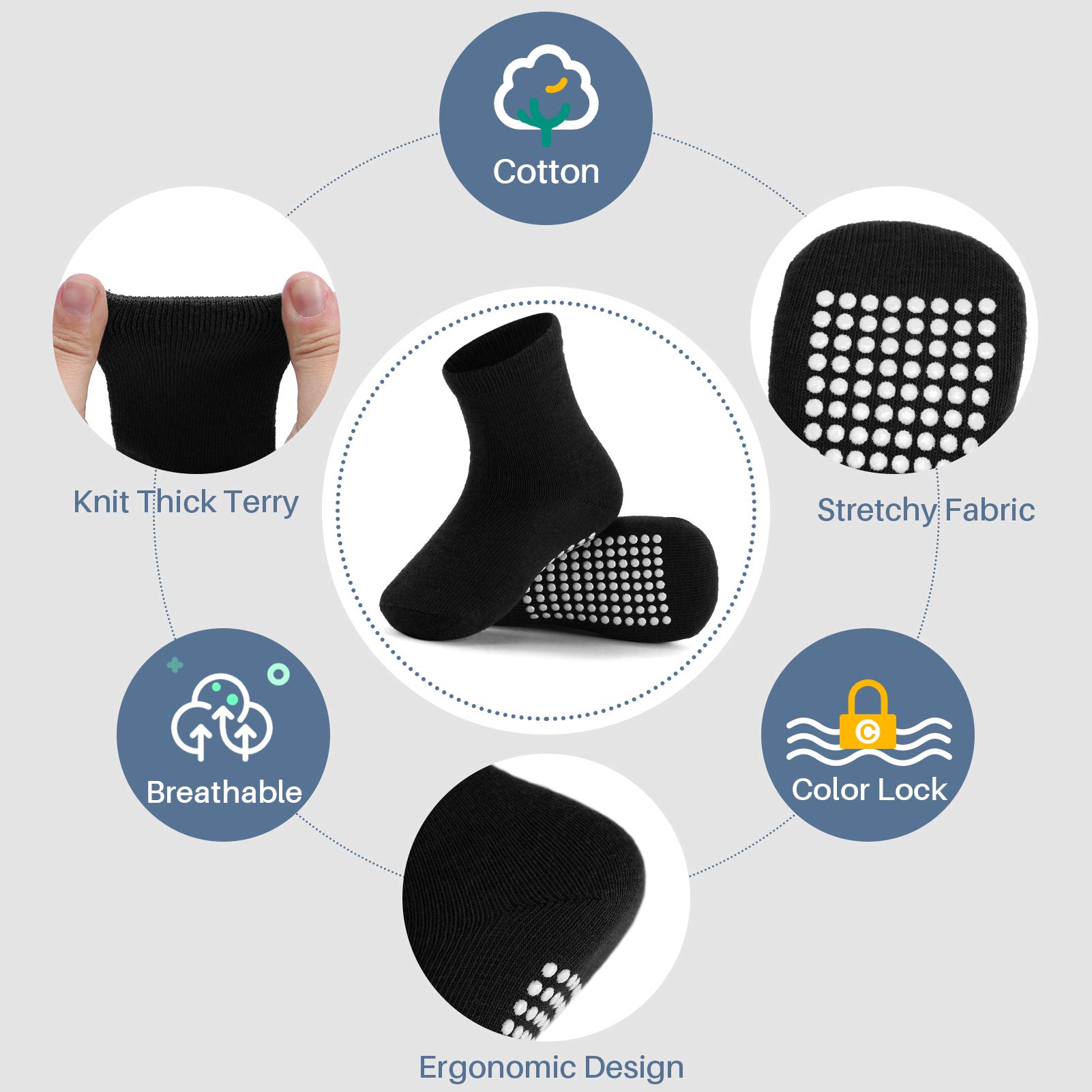 JAKIDAR 12 Pack Baby Socks Cotton Crew Toddler Socks Grips Non Slip Bottom Kids Socks
