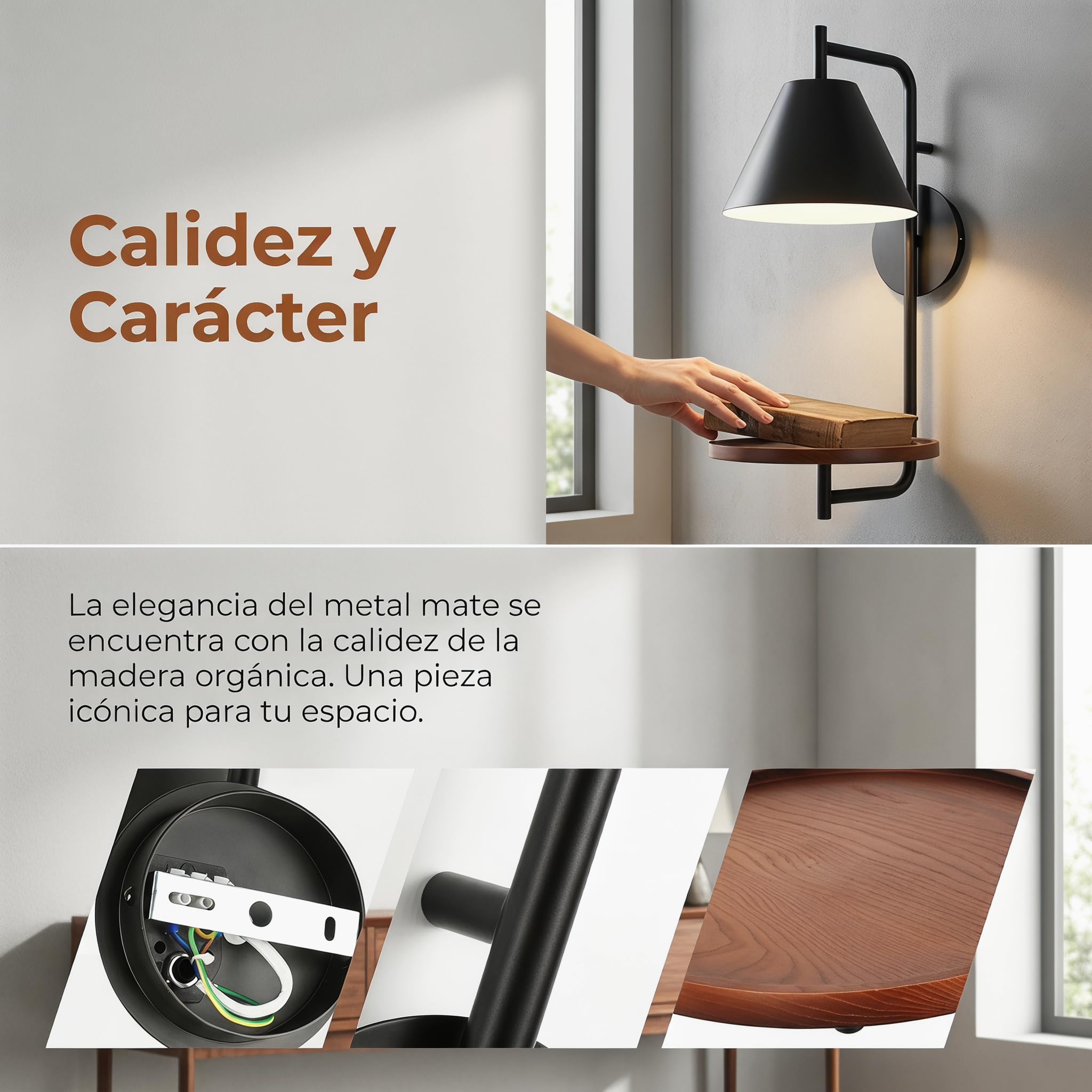 BARCELONA LED Bilon Innen-Wandleuchte E27 mit integriertem Holzregal, moderne Wandlampe in Schwarz Matt für Schlafzimmer, Bettkopfteil, Wohnzimmer und Hotel, Leuchtmittel nicht enthalten