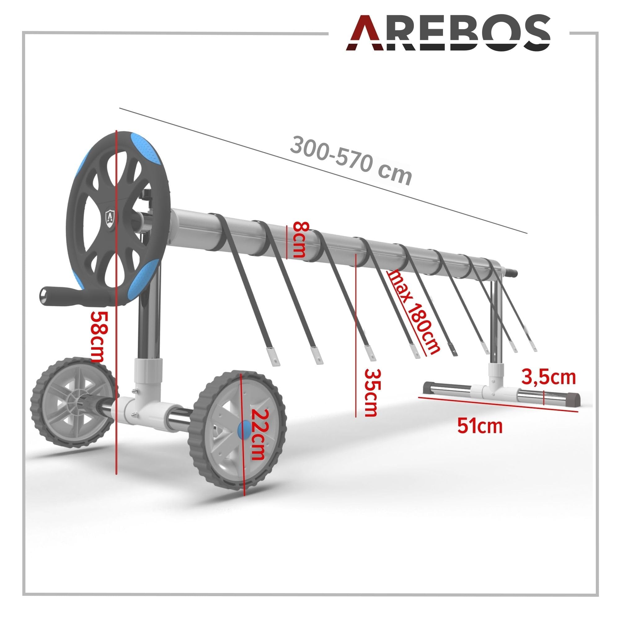 Arebos mobiles Aufrollsystem für Solar- und Poolplanen | Pool Aufroller | Länge von 3m - 5,70m | witterungsbeständiges Material | inkl. Befestigung & Rollen