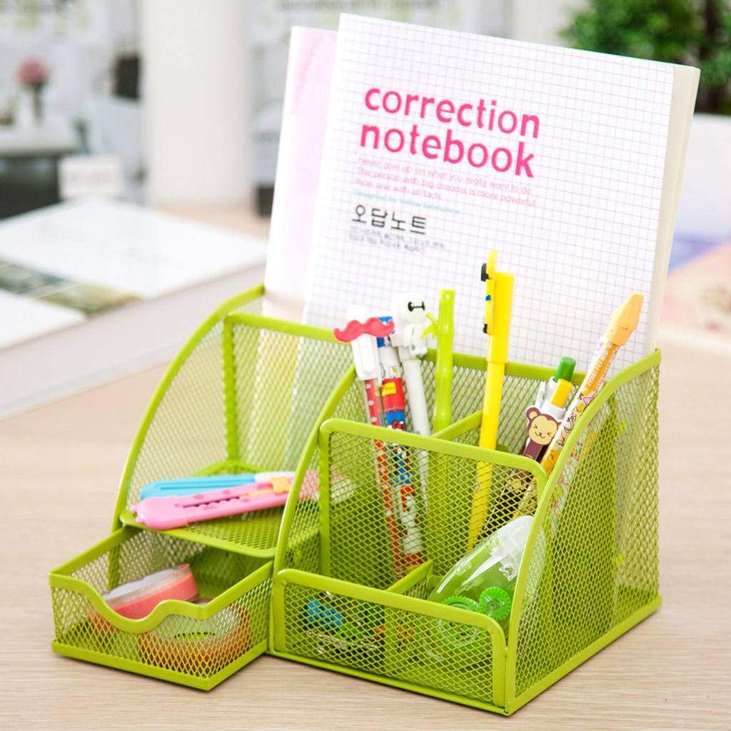 Stationery Storage Box Grid/Gingham,Office Storage Box Multifunction Office Supplies Pen Holder Penholder Desk Organizer Study 7 Compartment-Green