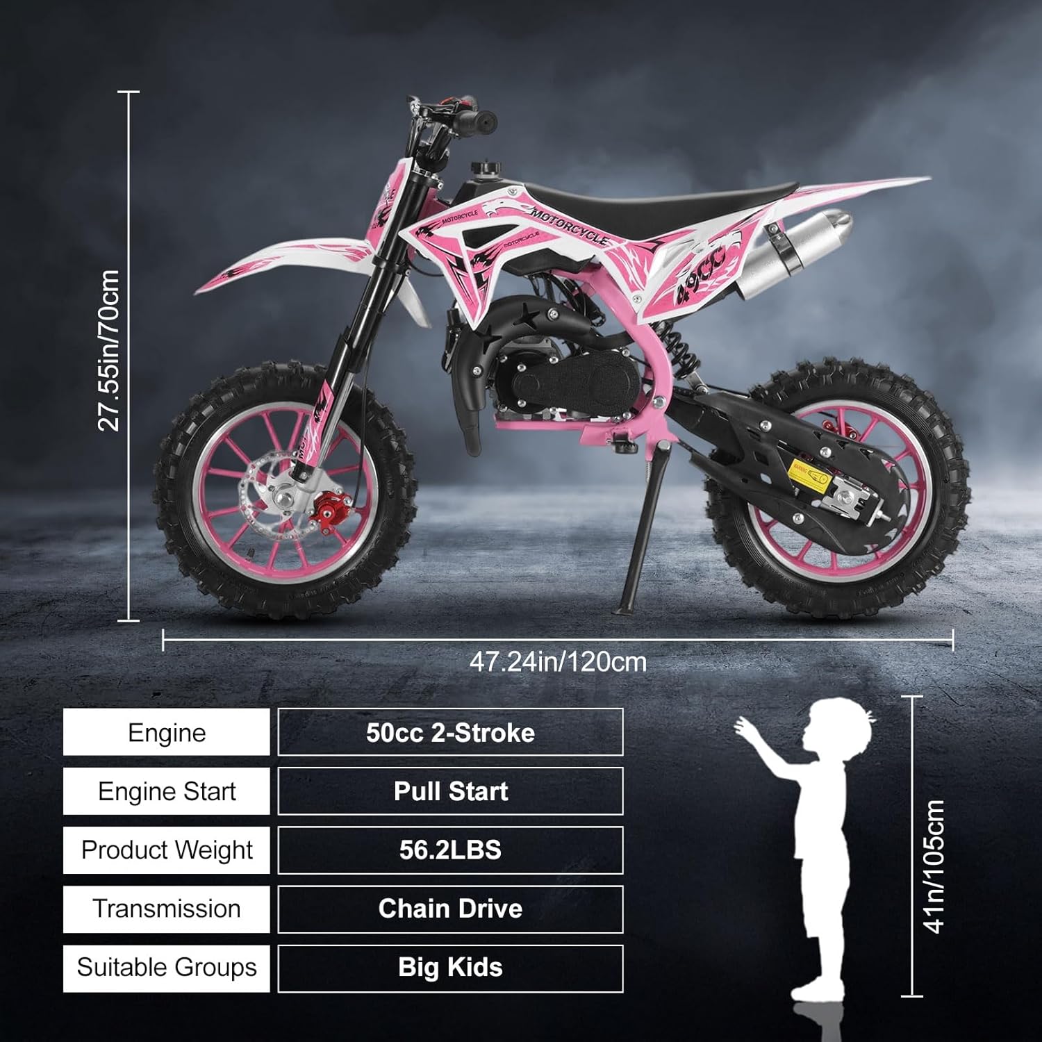 49cc 2-Stroke Kids Dirt Bike, Upgraded Frame Gas-Powered Motocross Mini Motorcycle, Off-Road Pocket Bike for Children, Front & Rear Disc Brakes, 40km/h Speed, Pull Start, 10-Inch Tires (Pink)