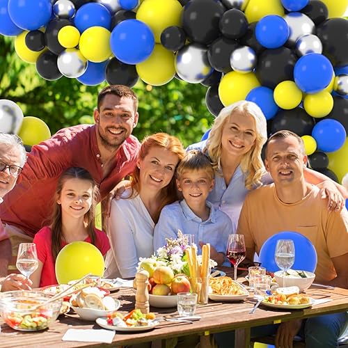 Miniatura 7 de Kit de arco de guirnalda de globos de color azul amarillo y plateado 127 globos plateados metálicos azul real amarillo y negro para abejas espacio
