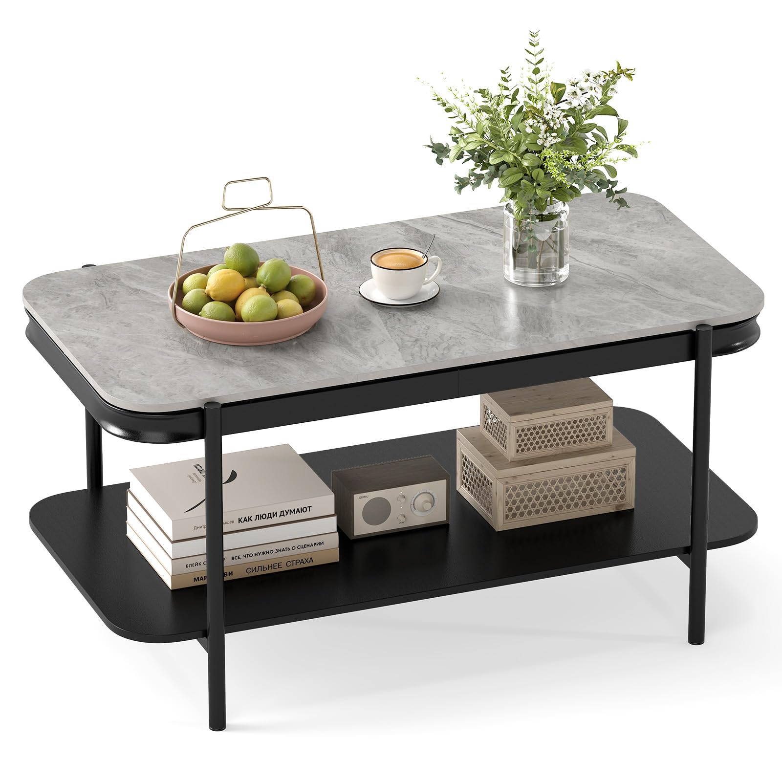 COSTWAY Couchtisch Marmor, Wohnzimmertisch mit 2 Ebenen & Metallrahmen, Sofatisch rechteckig, moderner Kaffeetisch für Wohnzimmer und Büro, 90 x 50 x 45,5 cm (Grau)