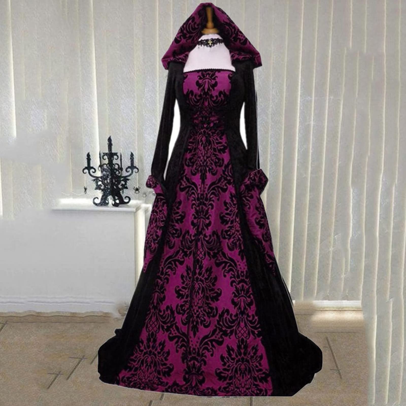 UXXNJFG Womens Halloween Costume Adult Plus Size Witch Costume Adult Medieval Ladies Halloween Costumes Sexy Victorian Medieval Dress Party Cosplay Retro with Hooded Carnival Purple S - Image 5