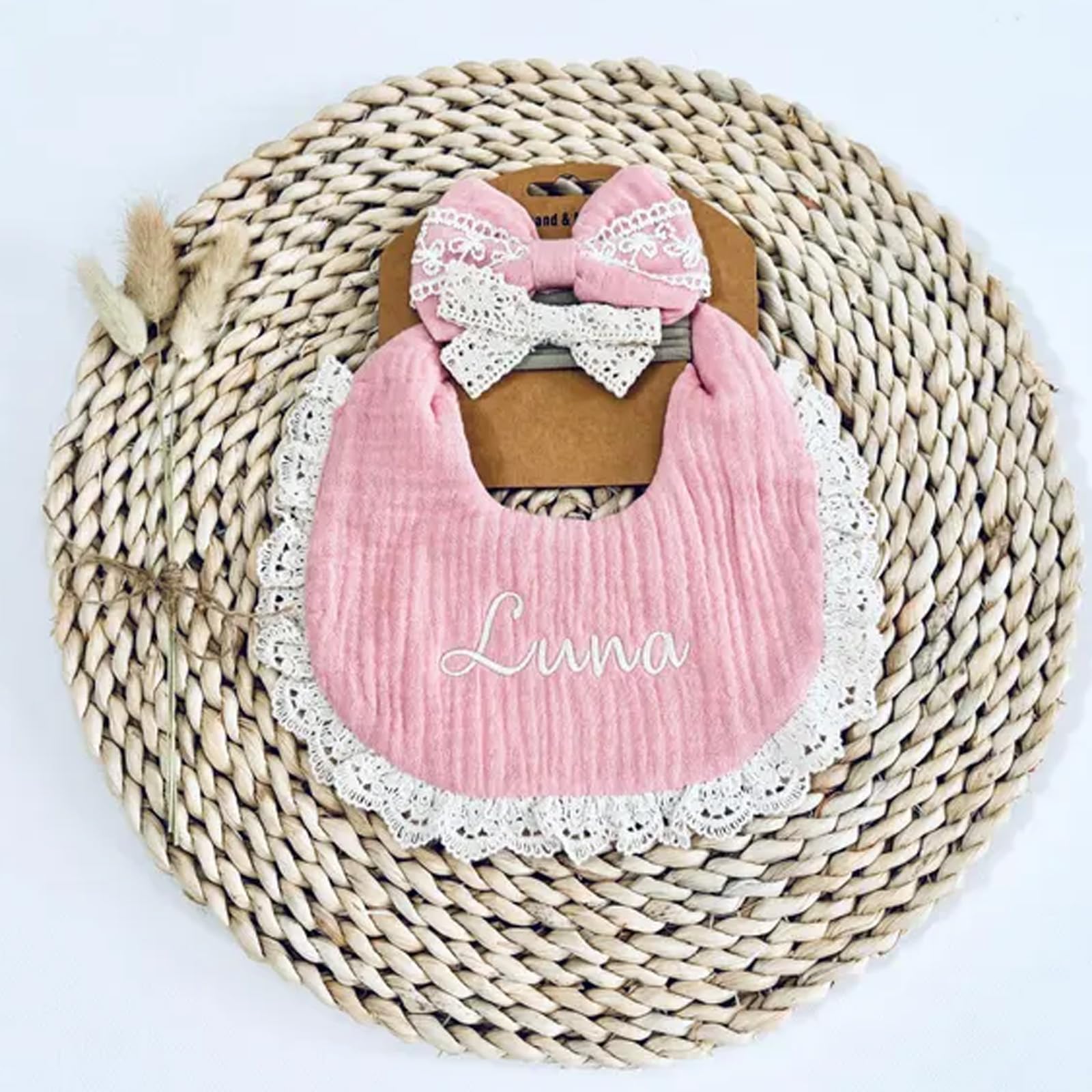 Personalized Muslin Baby Bibs Set with Name,Custom Soft Cotton Drool Bibs for Baby Girl,Teething Drooling Adjustable Bib for Newborn Toddler,Cute Bibs&Bows Gifts for Baby Shower, Birthday, Christmas