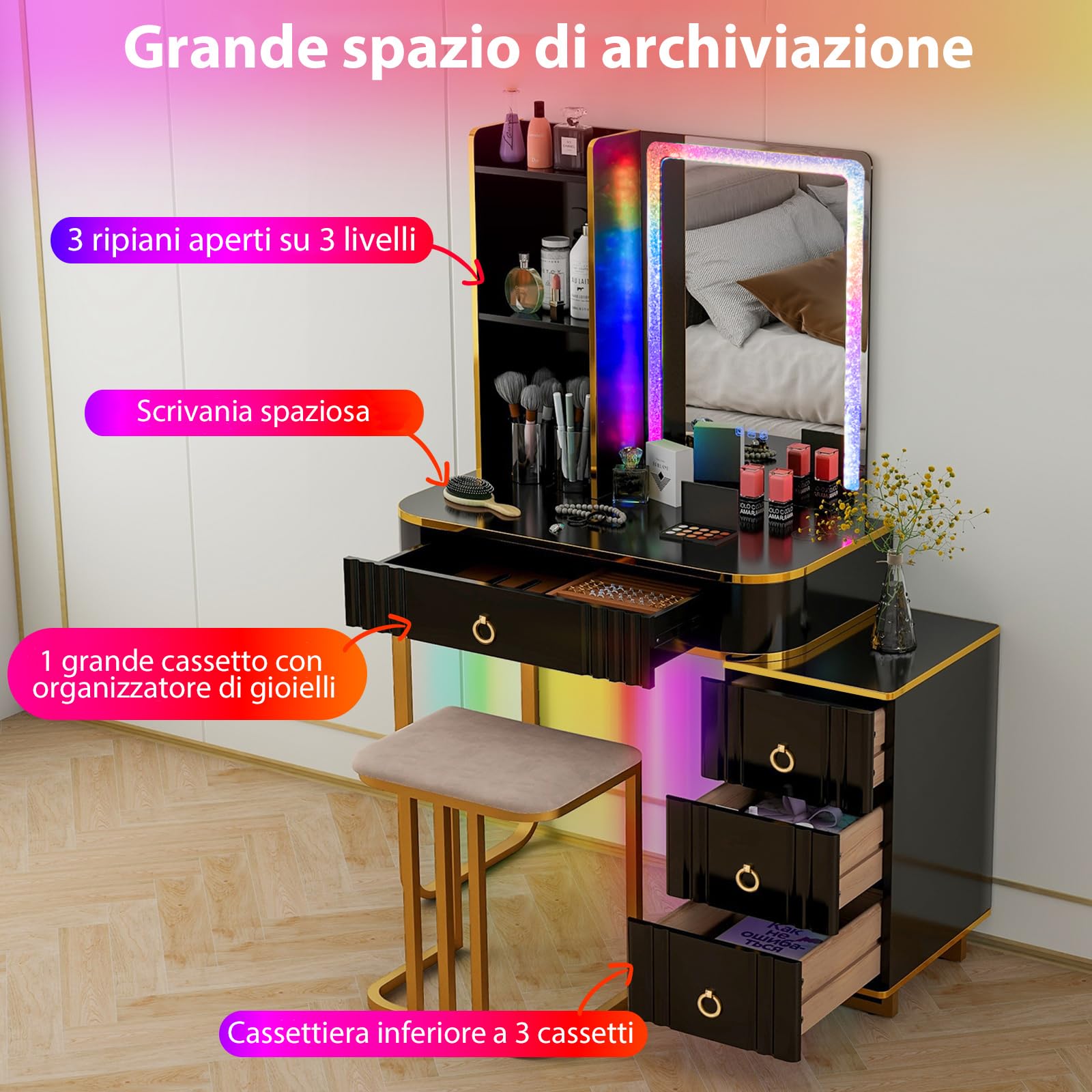 COSTWAY Toeletta da Trucco con Luci, Set Tavolo da Trucco con Sgabello 4 Cassetti, 7 Colori Regolabili di Luce, Porte USB, Telecomando, per Soggiorno Camera da Letto (Nero)