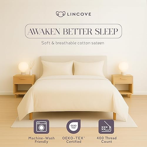 Miniatura 2 de Lincove Juego de sábanas de 4 piezas 100% satén de algodón de 400 hilos, sábanas de lujo ultrasuaves con bolsillos profundos de 15 pulgadas, incluye