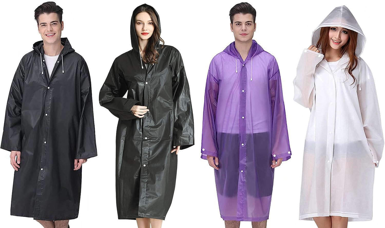 Rain Ponchos for Adults, Reusable Raincoats for Women Men, Emergency Rain Jacket with Hood for Disney Camping Hiking Outdoor (2 Black+1 White+1 Purple)