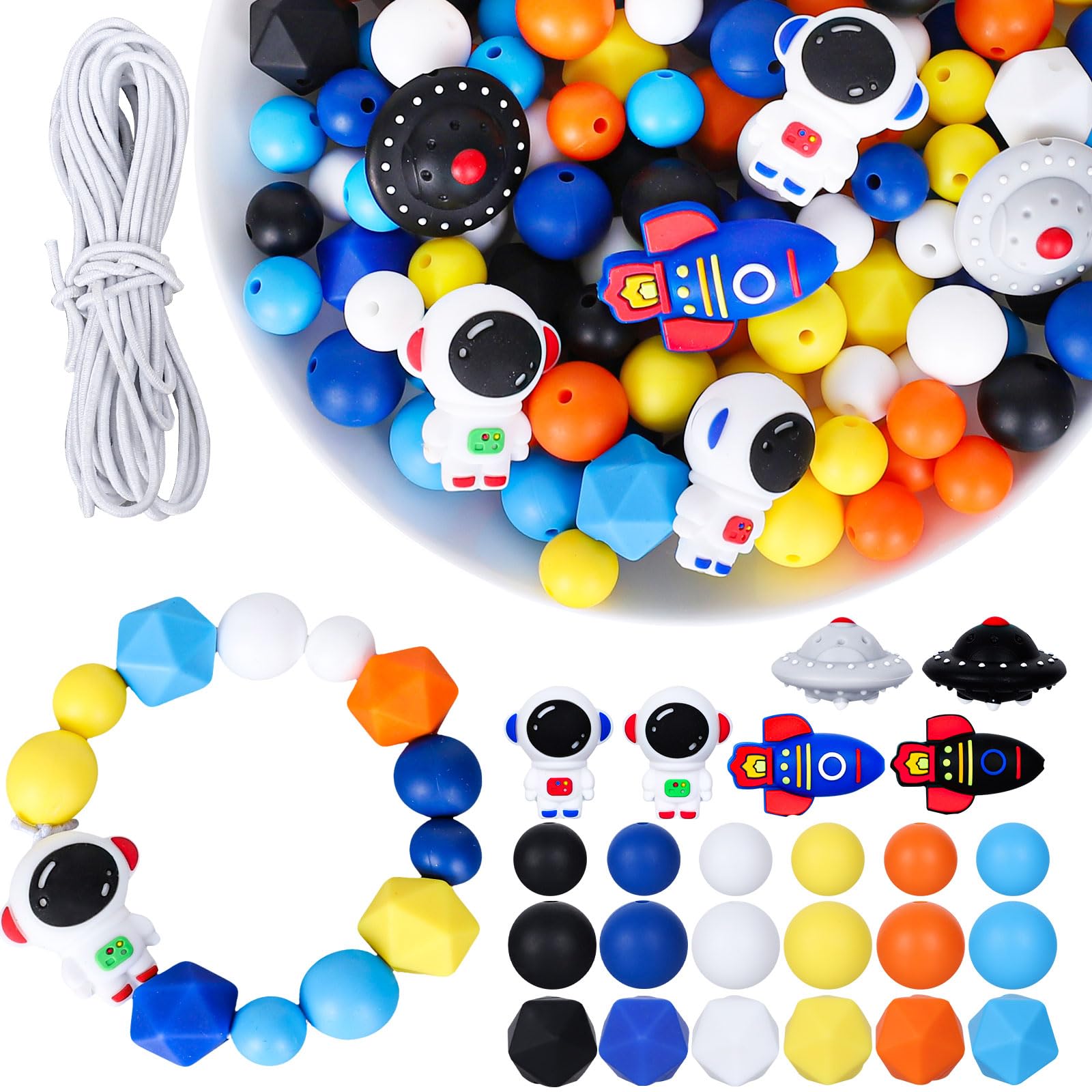 96Pcs Outer Space Theme Silicone Beads - Astronaut, Rocket, Spacecraft Shape - 6 Colors Round Spacer Beads for DIY Crafts, Jewelry, Necklaces, Bracelets, Keychain Making