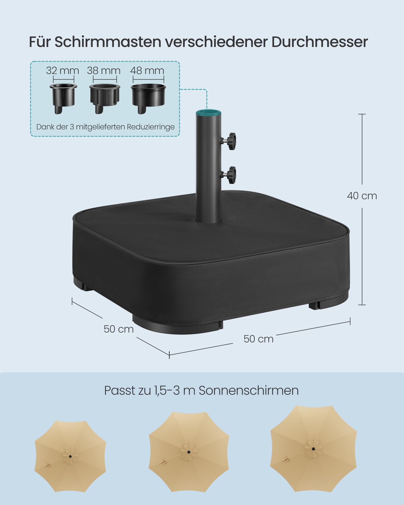 SONGMICS Sonnenschirmständer, Schirmständer, mit Sand befüllbar, Schirmhalter, für 1,5-3 m Sonnenschirm, Sonnenschirmfuß, mit 3 Reduzierringen, schwarz GUB0042B01