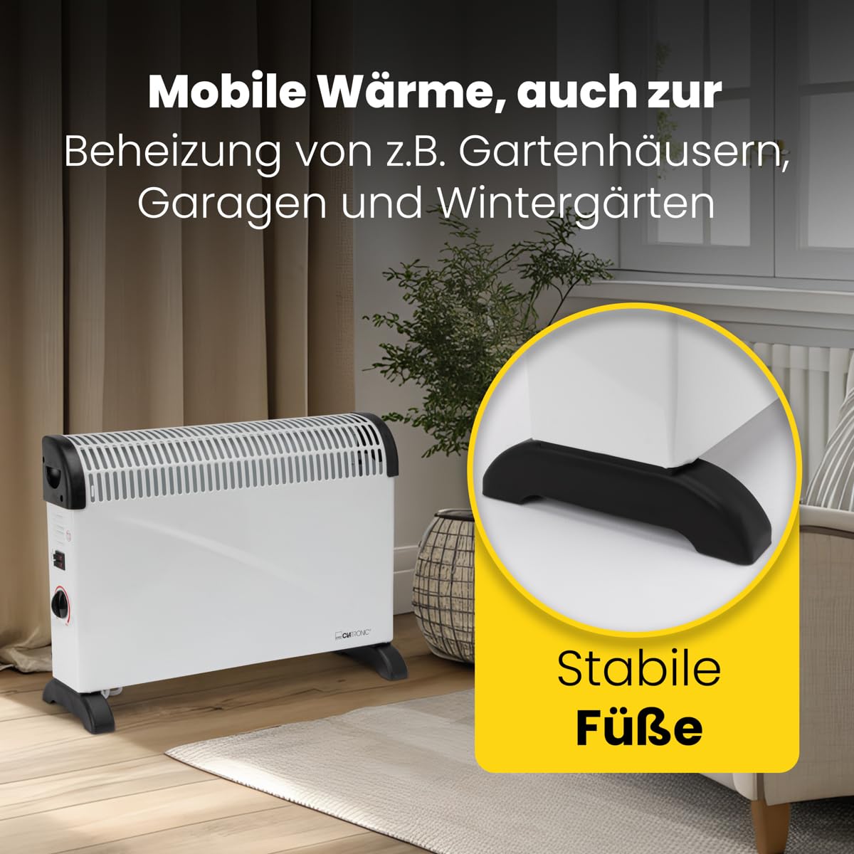 Clatronic® Chauffage par convecteur | Chaleur mobile | Chauffage électrique à 3 niveaux de chauffage | avec thermostat | jusqu'à 40m² | Convecteur avec protection contre la surchauffe | KH 3077 N