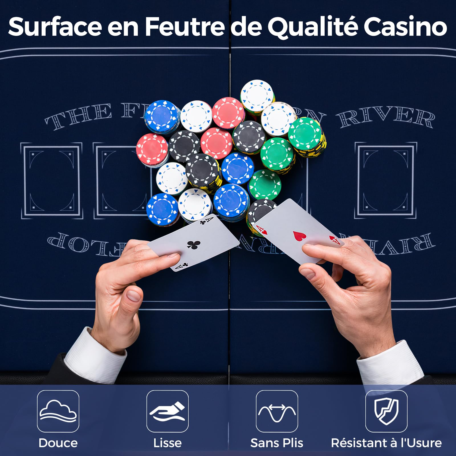 DREAMADE Table de Poker Pliable pour 8 Joueurs, Table de Poker Texas Hold’em Pliante avec Rebord Rembourré, Porte-gobelets en Métal, Surface en Feutre de Qualité Casino (Bleu)