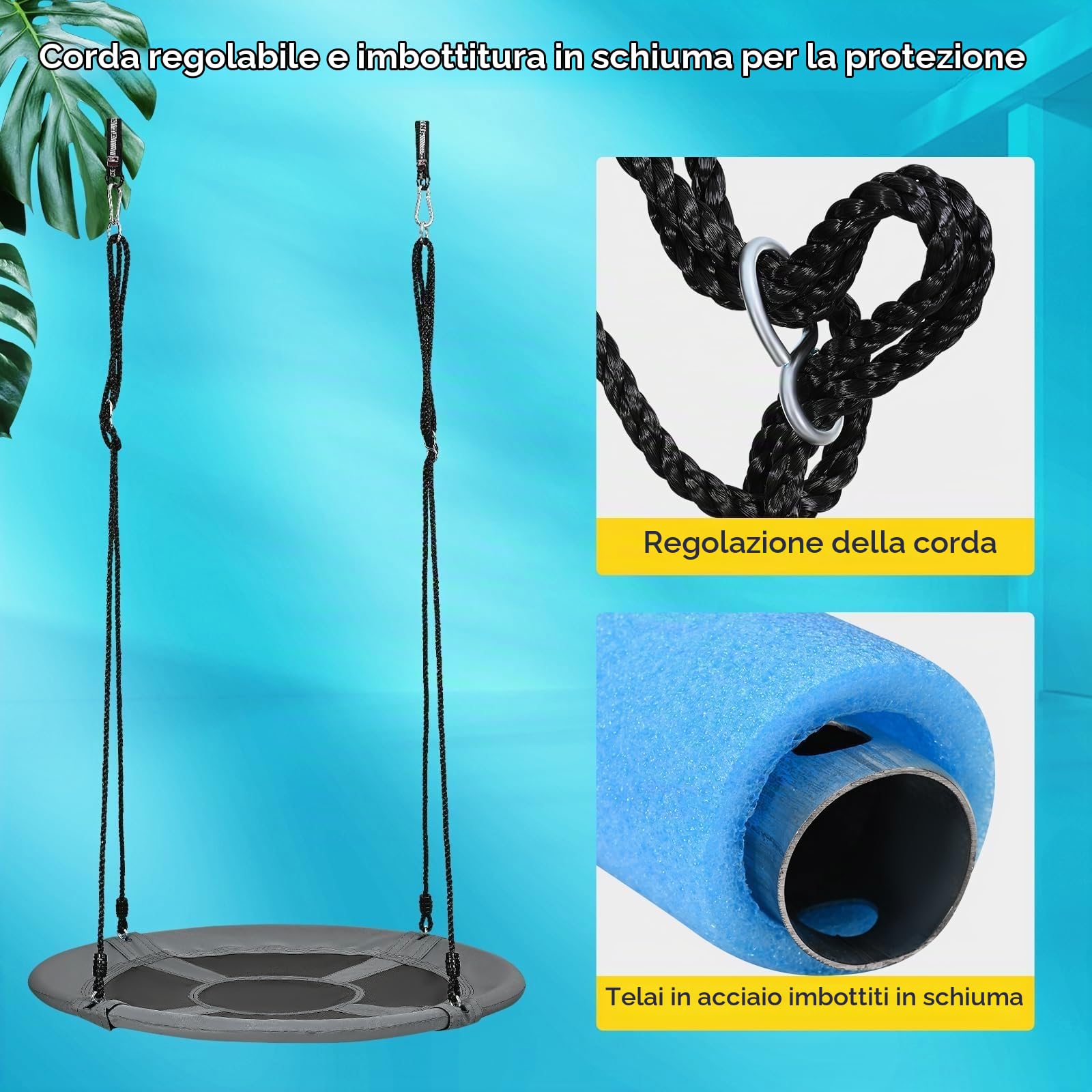 Altalena circolare da 120 cm, capacità di peso volante di 300 kg, 2 cinghie di sospensione aggiunte, corde multifilo regolabili, sedile da altalena sicuro e durevole per bambini