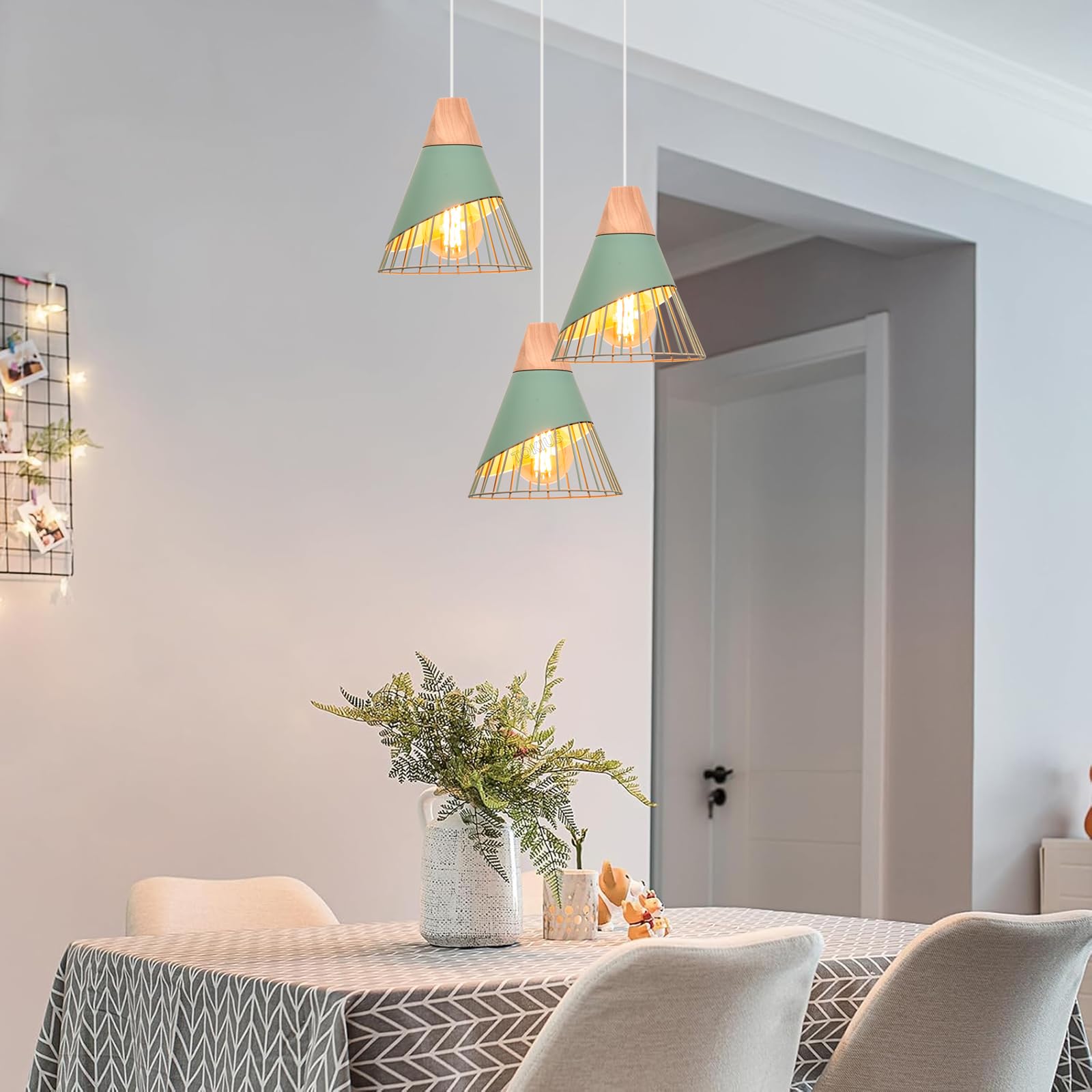 Lampada a sospensione Design E27 Industriale Lampada da soffitto Moderna Legno e Metallo Lampadari e Plafoniere Interni Ø25cm Per Cucina Camera da letto Sala Da Pranzo (Verde - 3 luci - base)