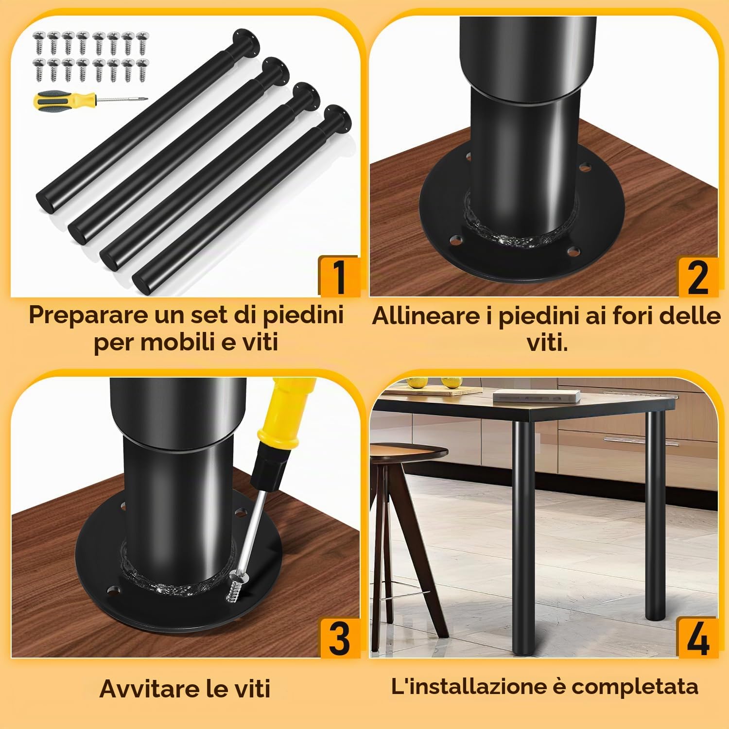 Confezione da 4 piedini per mobili, gambe regolabili da 70 a 110 cm, Fino a 200 kg per mobili, gambe da tavolo in acciaio, Caricabile divano-letto, comodino, armadietto (nero)
