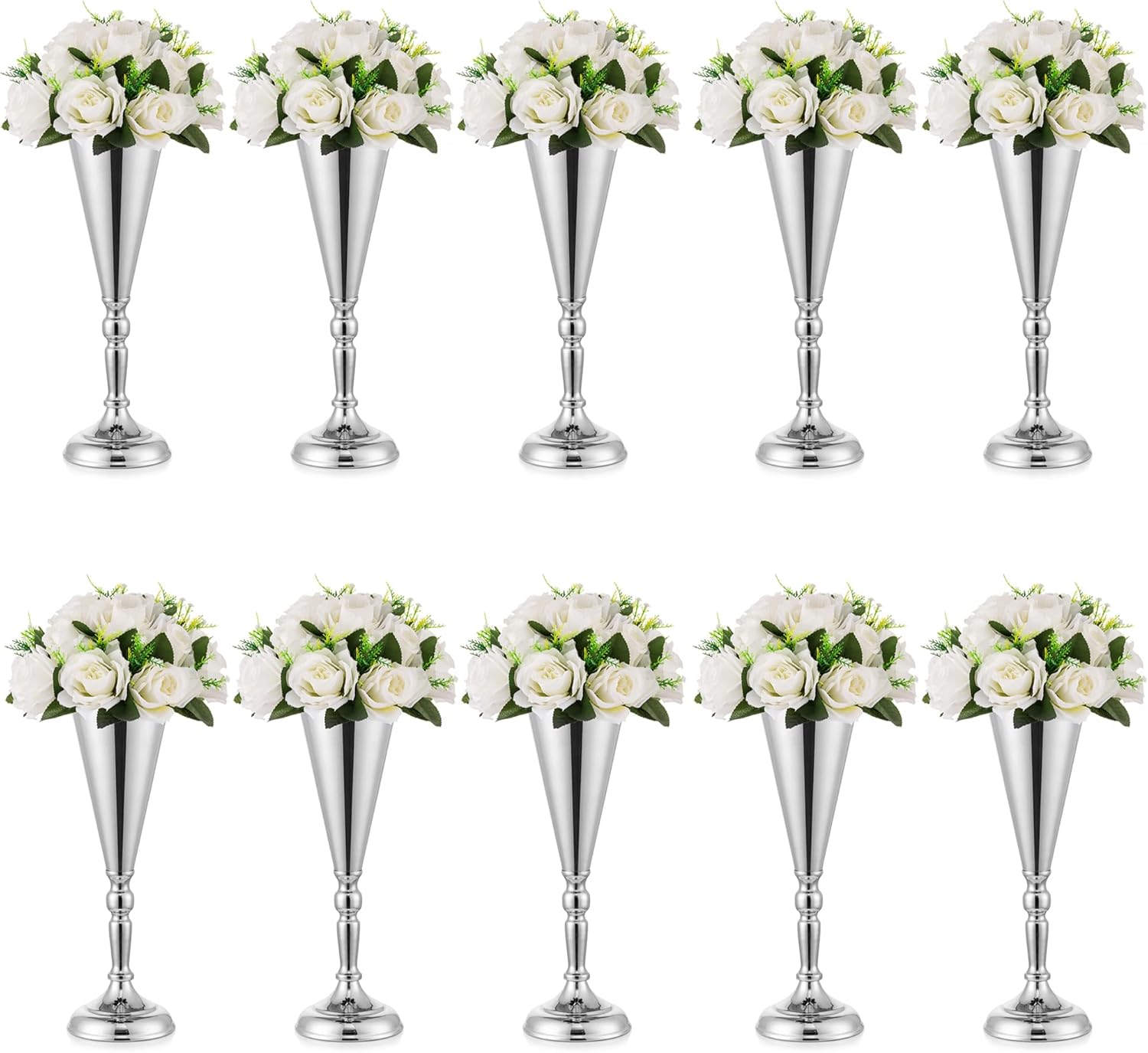Sliver Vase Centerpiece Table Decorations - 10 Pcs Metal Tabletop Flower Stand, Wedding Decorations for Reception, 14in Trumpet Tall Flower Vase for Birthday, Weddings, Anniversary, Home Decor