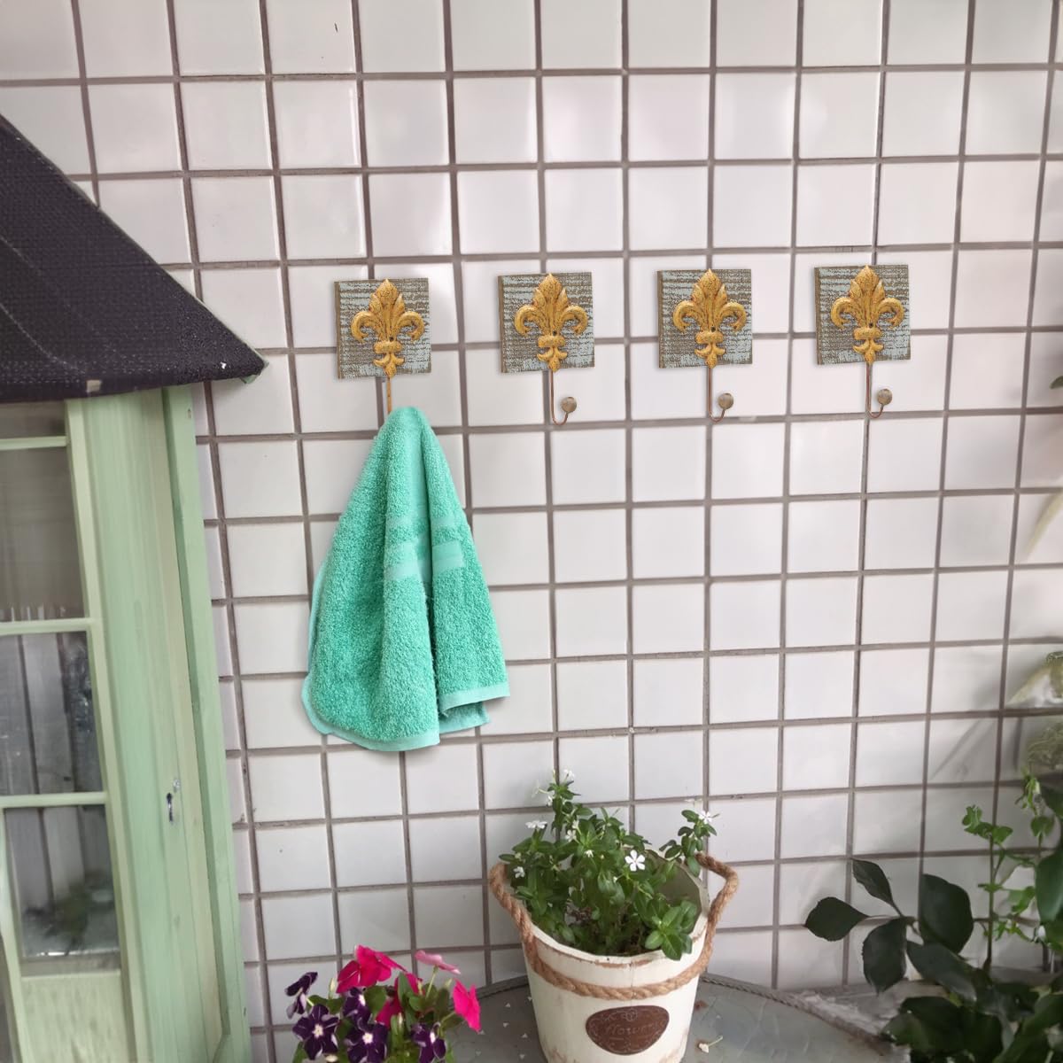 Toallero 4 Piezas Ganchos de Pared Ganchos para Abrigos Lirio Rústico Ganchos para Abrigos de Hierro de Madera Ganchos para Toallas de Casa de Campo Decoración de Pared Shabby Chic Ganchos