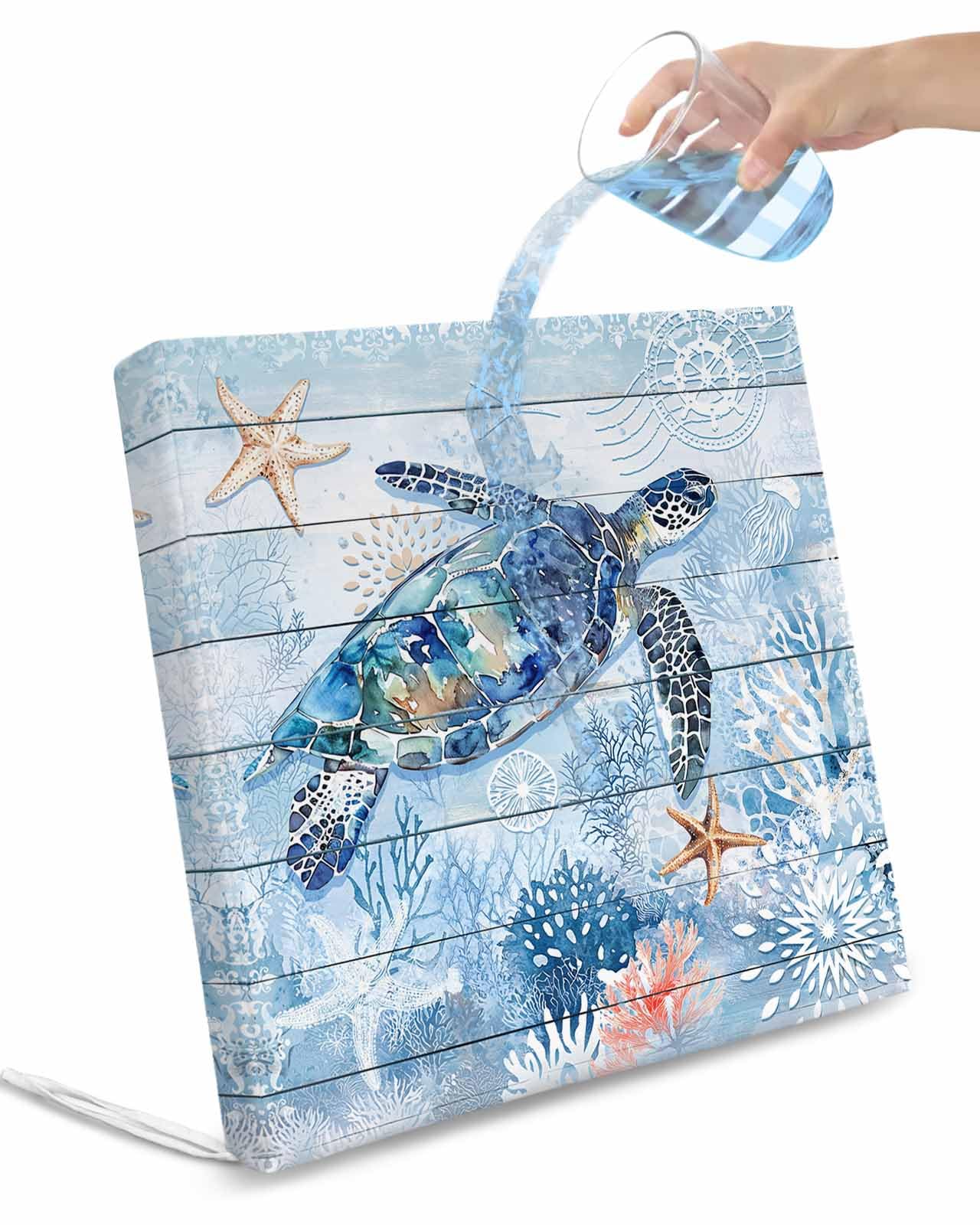 Hokiten Coastal Turtle Outdoor Cushion Chair Cover Set of 2 - Waterproof Couch Seat Covers, Blue Nautical Starfish Coral Jellyfish Patio Furniture Protector Cushions Slipcovers for Sofa/RV, 22