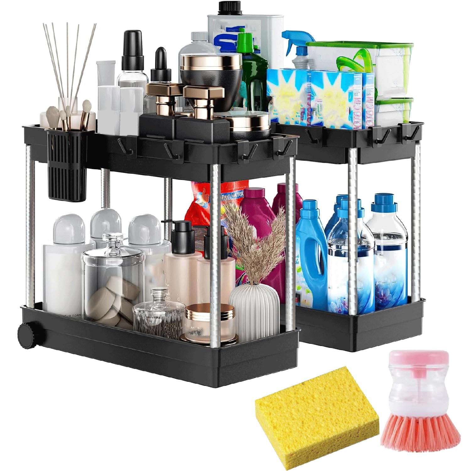 2 Pack Under Sink Storage with a Dispensing Brush & Sponge, 2 Tier Kitchen Storage Under Shelf, Under Sink Tidy, Multipurpose Under Sink Cupboard Organiser, Under Sink Organiser For Kitchen & Bathroom