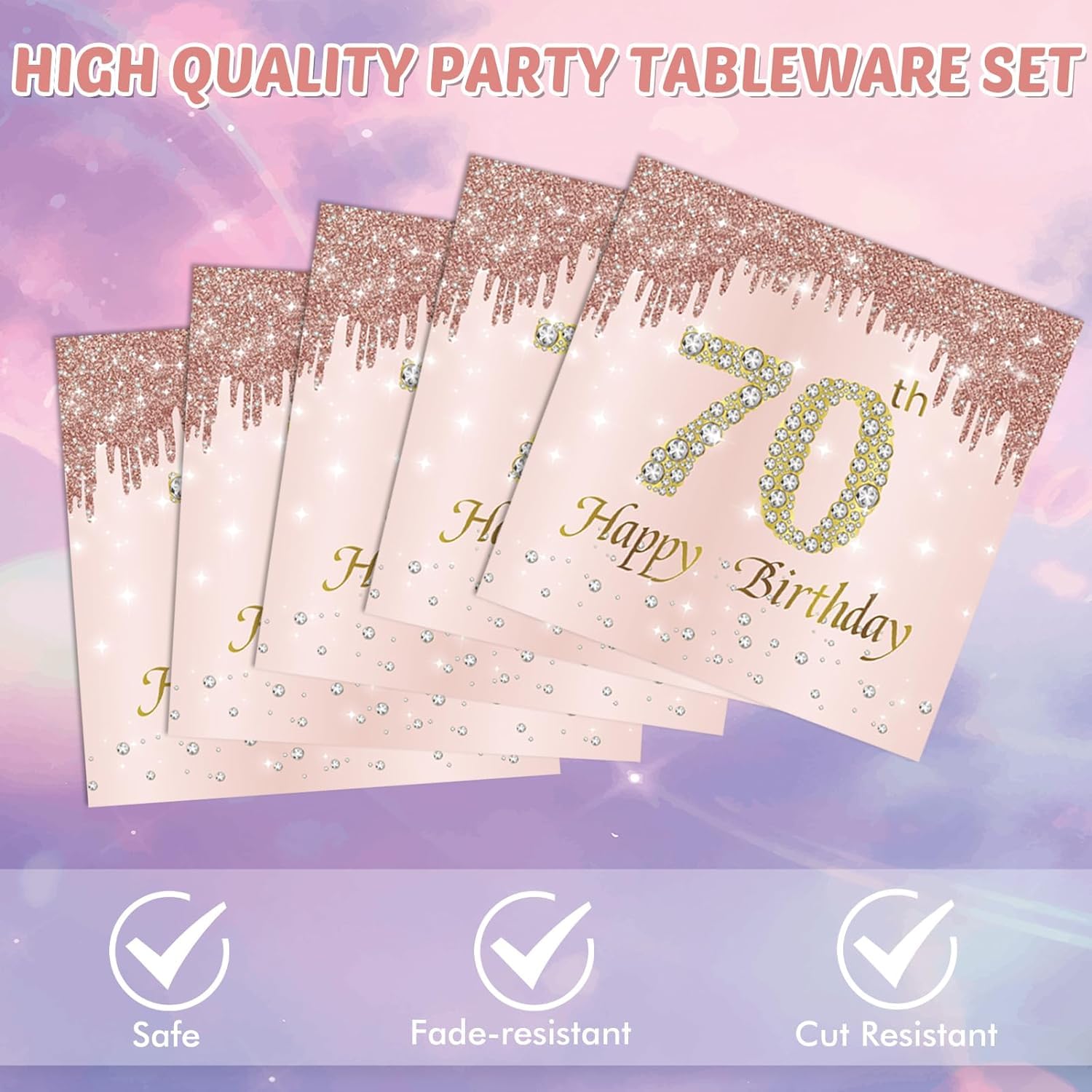 Lot 40 Serviettes Table 70e Anniversaire Rose Doré - Happy Birthday Décoration Fête Jubilé