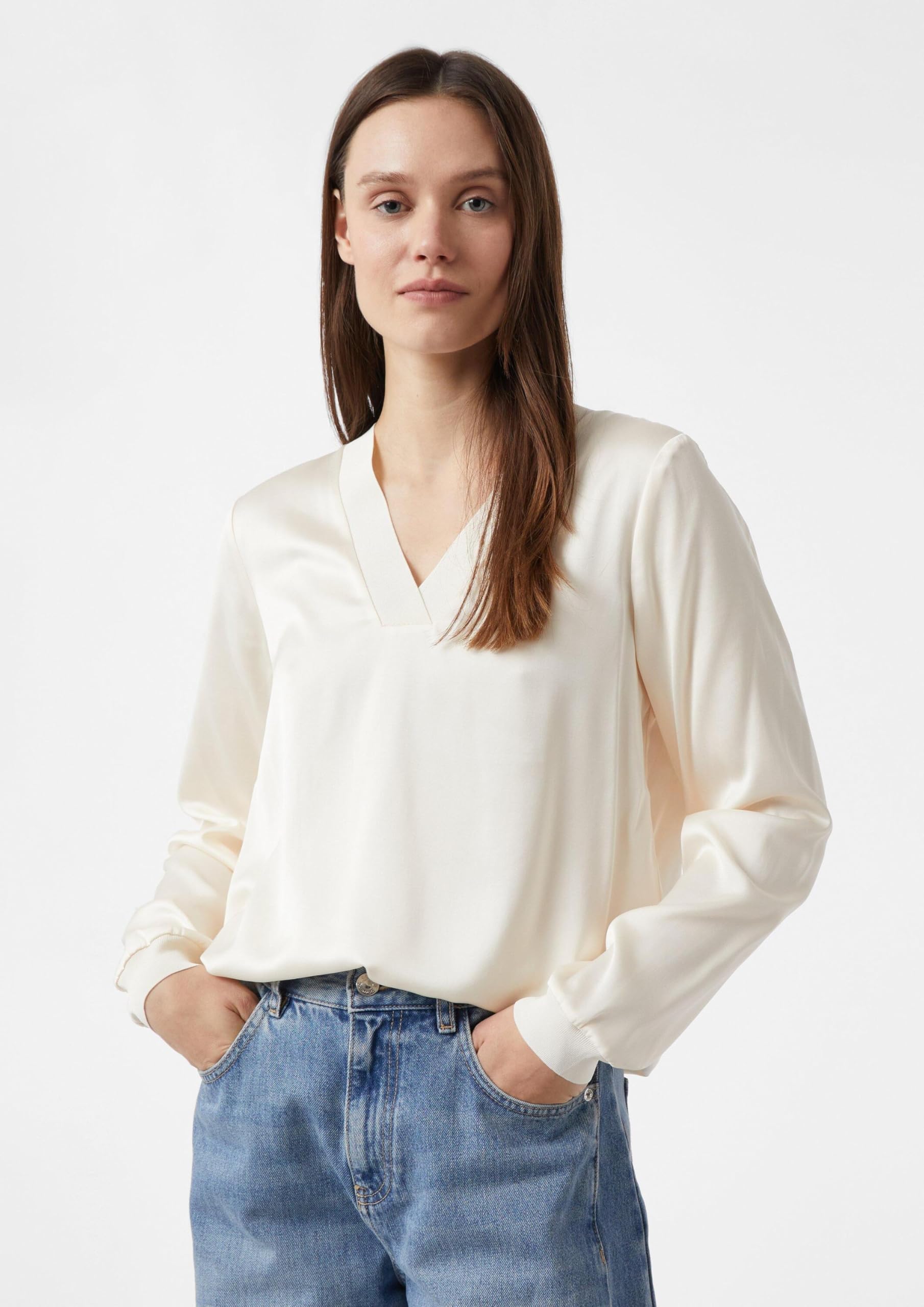 Comma Satinbluse mit V-Ausschnitt und feinen Rippdetails