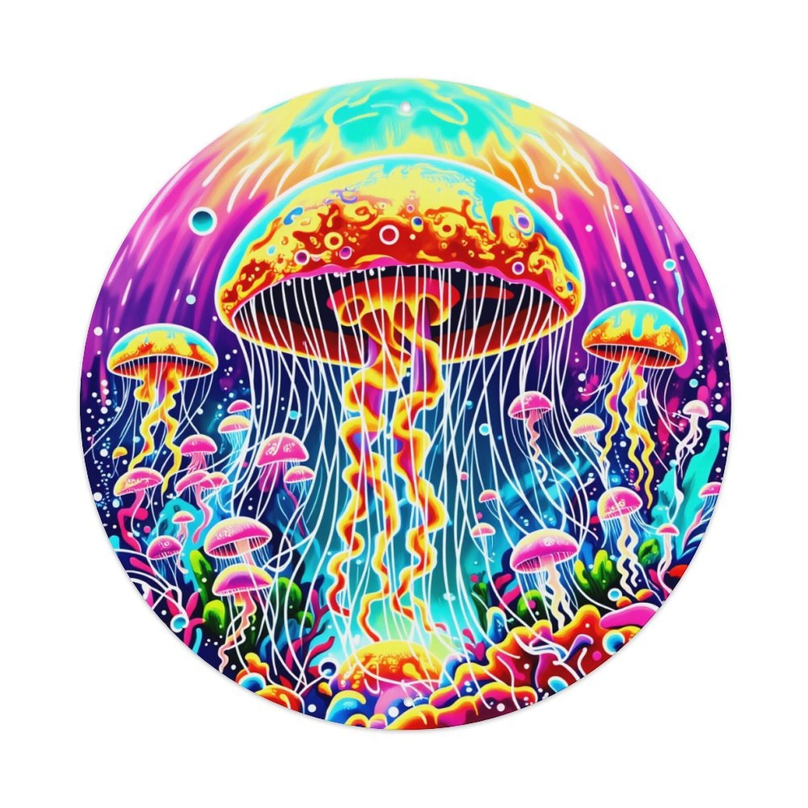 Colorful Jellyfish Underwater Scene Pattern Round Tin Sign Vintage Metal Poster Retro Bar, Home, Man Cave, Kitchen, Laundry Room Wall Art Decor Gift 8x8Inch
