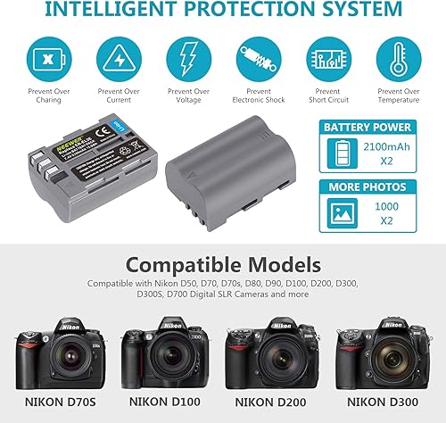 Miniatura 4 de Neewer Batería de repuesto de 2100 mAh para Nikon EN-EL3e con cargador USB dual con pantalla LCD compatible con Nikon D50 D70 D70s D80 D90 D100 D200
