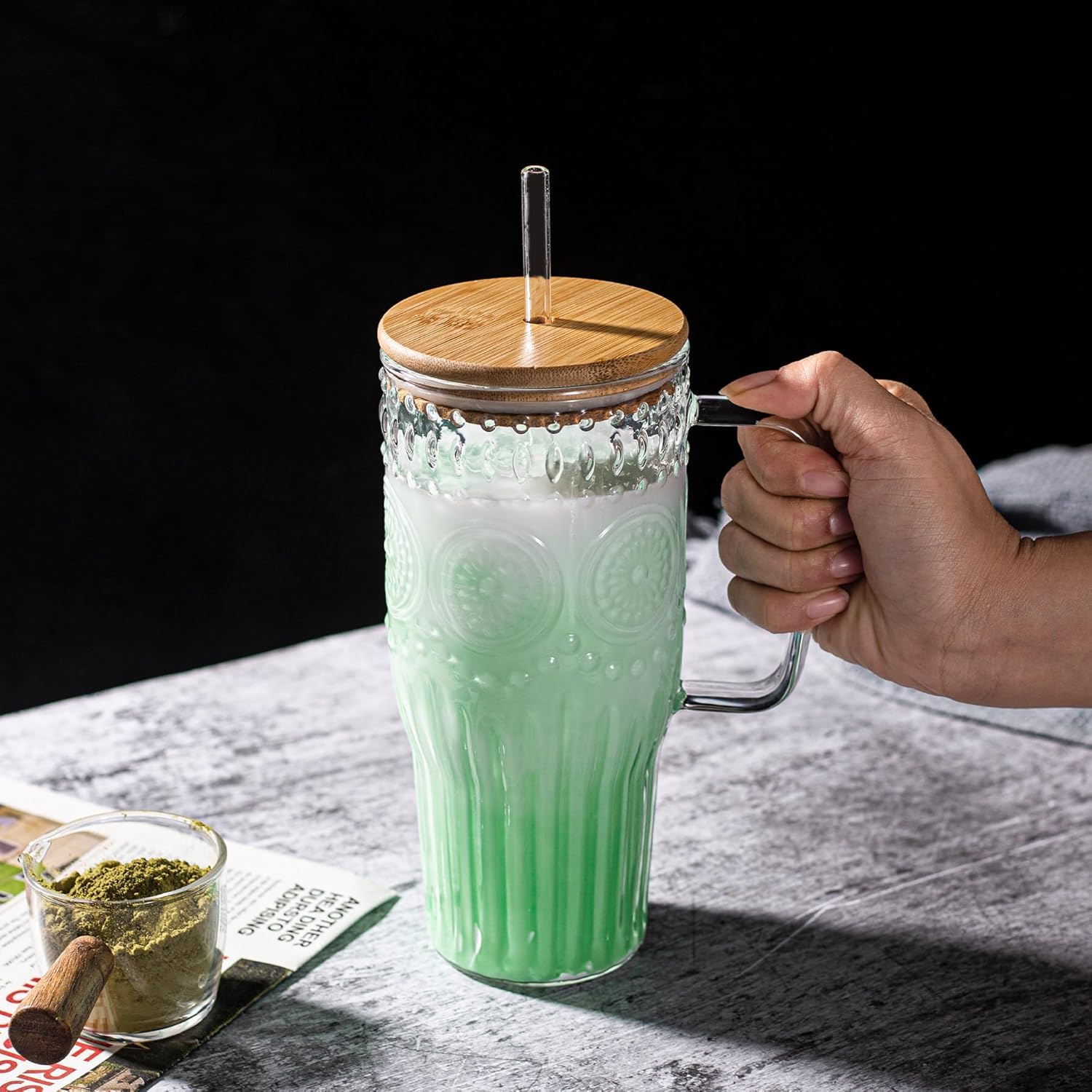 32oz Vintage Glass Cup with Handle with Bamboo Lids and Straws - Borosilicate Glass Tumbler for Hot and Cold Drinks
