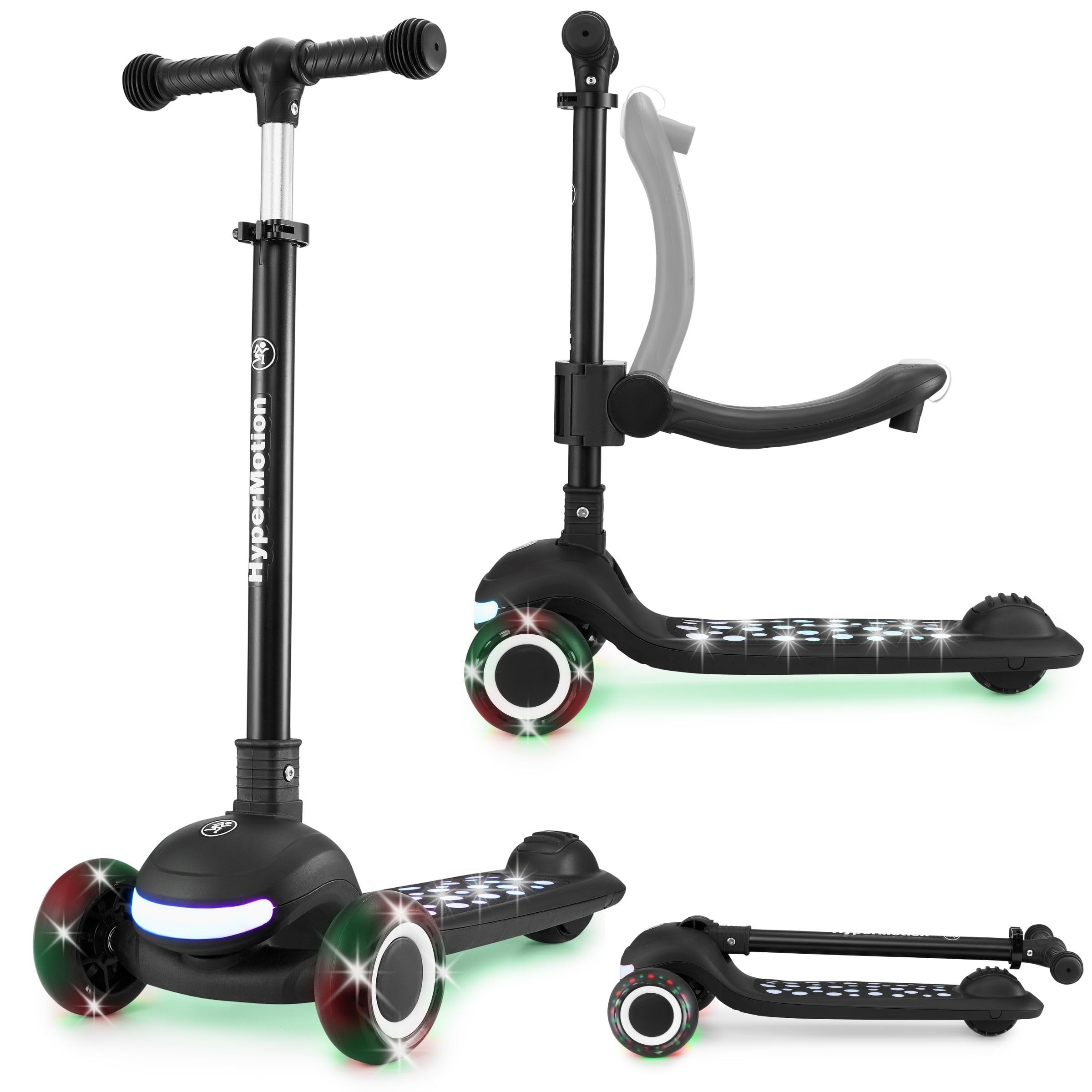 HyperMotion Patinete infantil con iluminación LED LUMI 3 en 1, asiento regulable en altura, plegable, ruedas de poliuretano, manillar en T, hasta 50 kg, para niños a partir de 1 año, ideal para casa