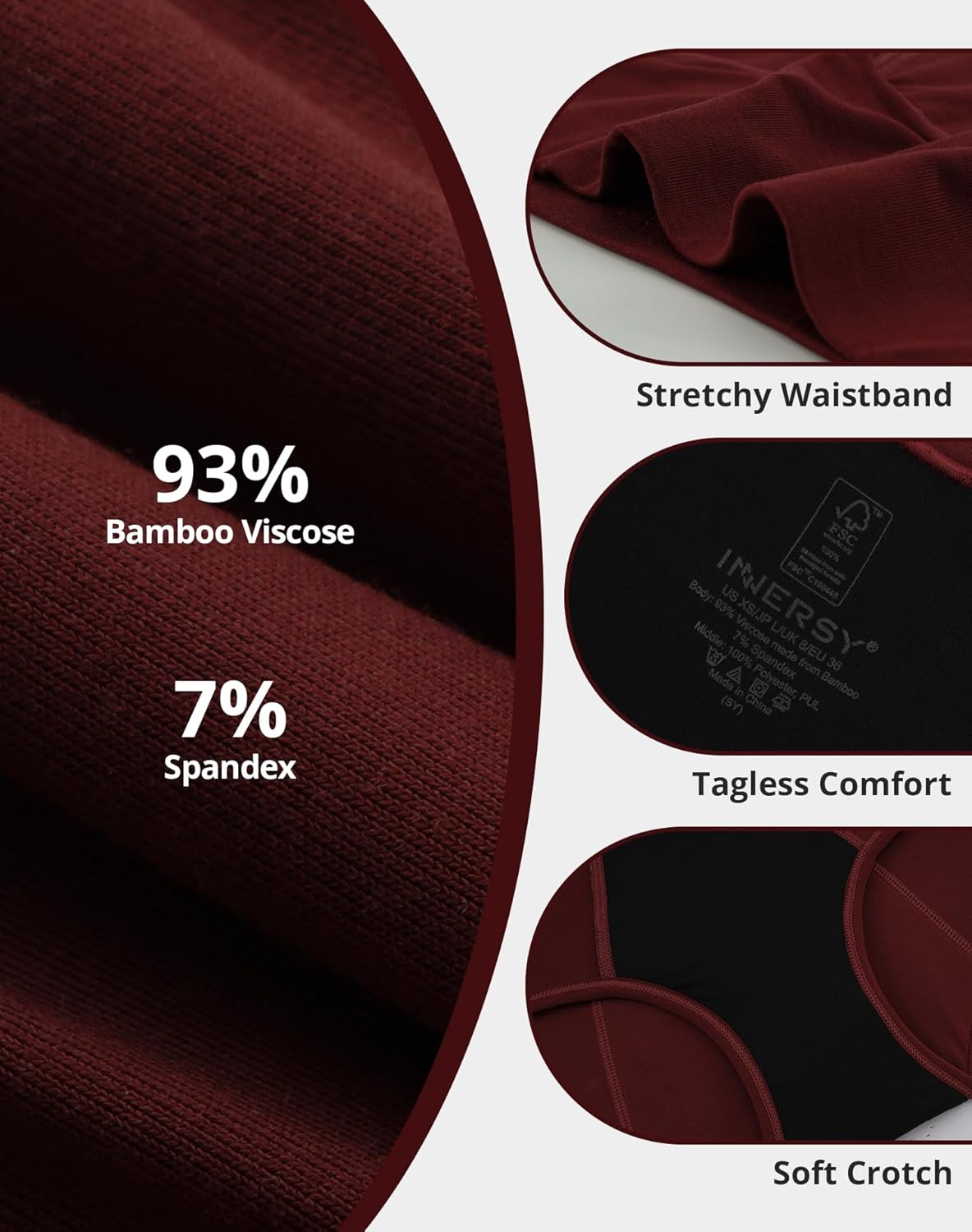 INNERSY Women's Bamboo Viscose Heavy Flow Period Underwear High Waisted Leakproof Panties 3 Pack - Image 3