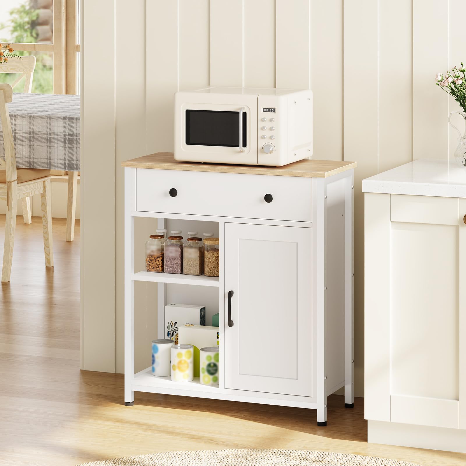 HOOBRO Sideboard Küche mit Schublade, Küchenschrank mit verstellbarem Regal, Aufbewahrungsschrank mit Türen, Kaffeebarschrank für Cafés, Küche, Restaurant, Wohnzimmer, Weiß und Natur EWN70CB01