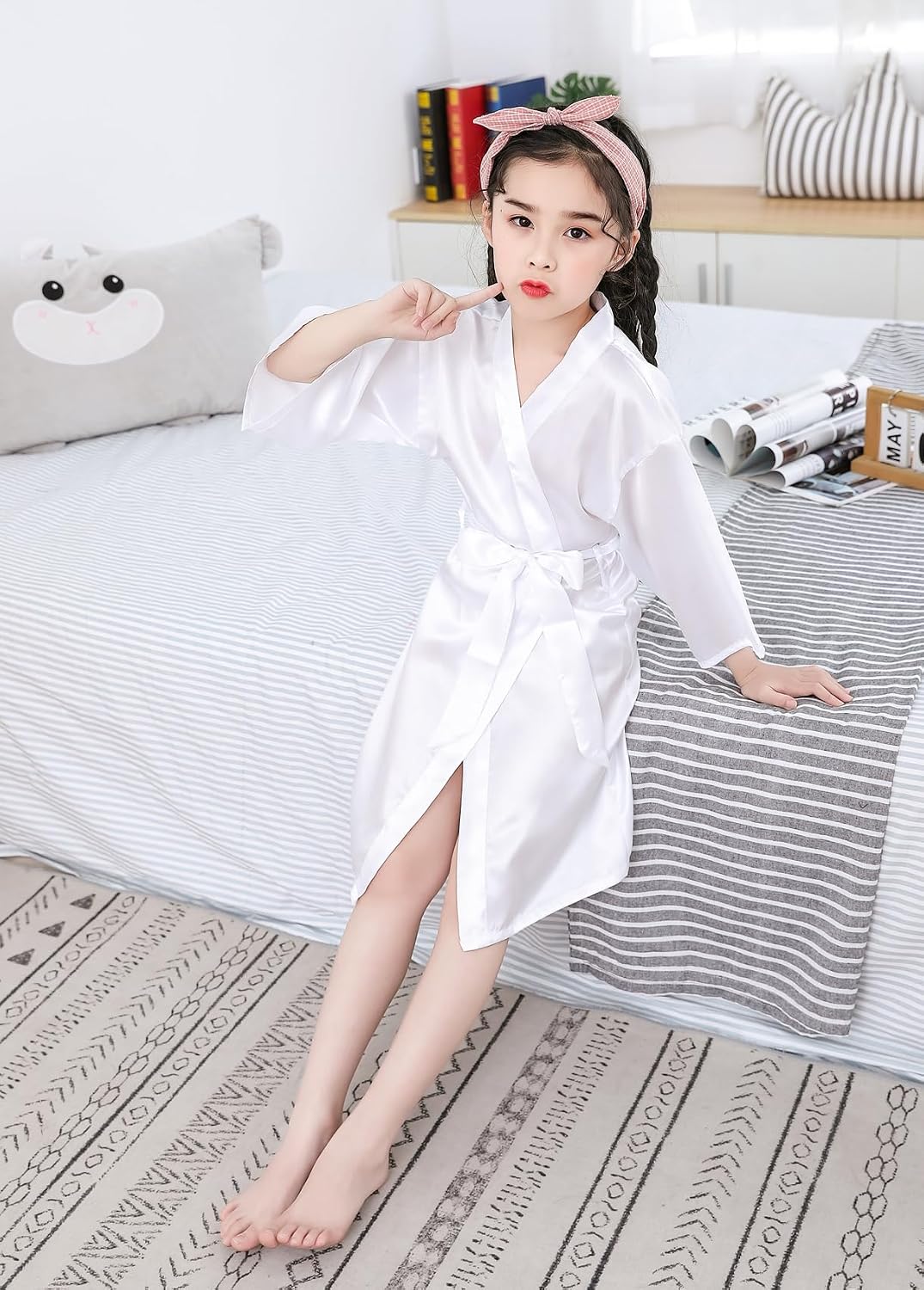 QXQTER Silky Satin Robes for Kids Girls Flower Girl Robe for Wedding Bridal Party with Gold Glitters