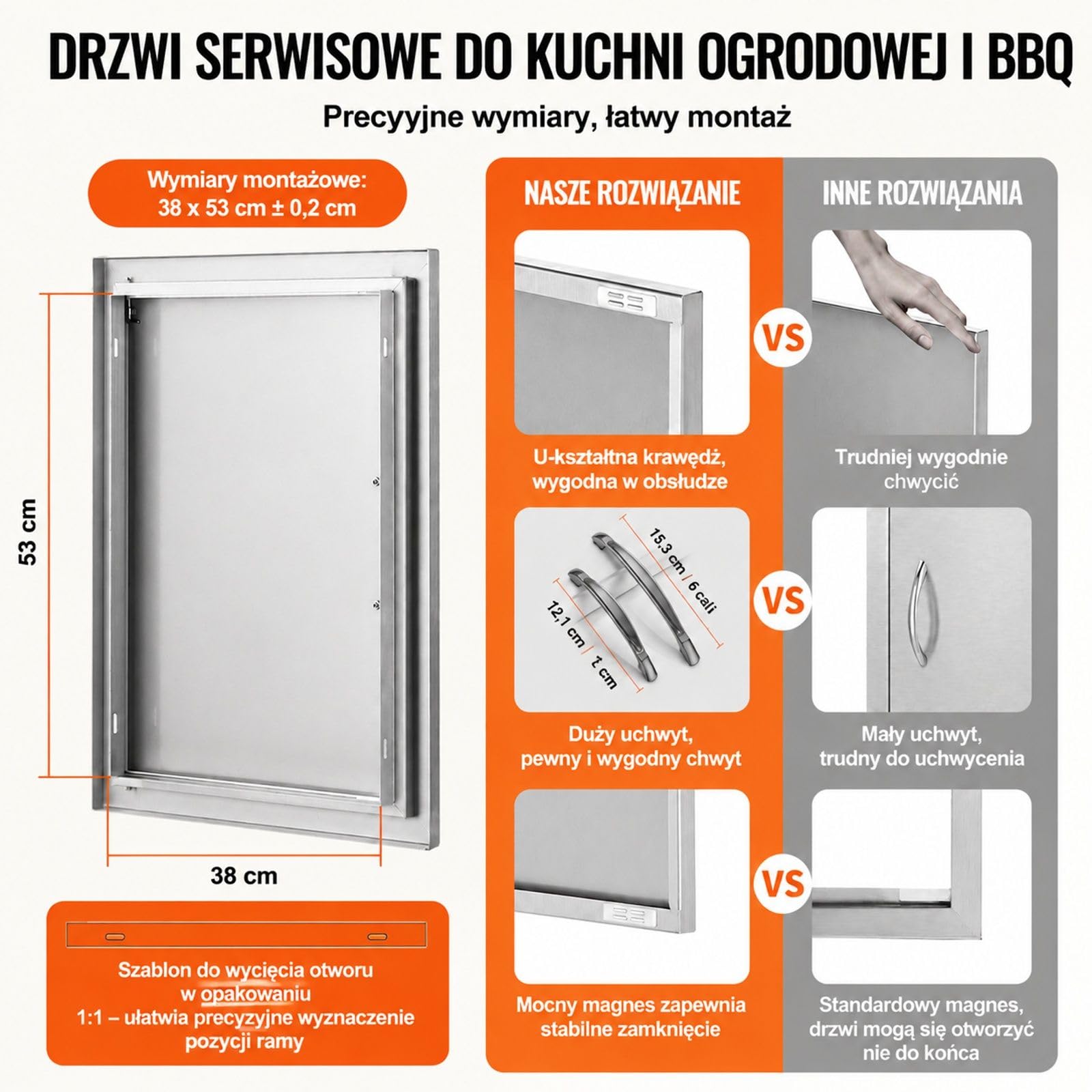 Pojedyncze drzwi dostępowe do grilla w kolorze stali nierdzewnej, montaż na równi z powierzchnią, pionowe drzwi ścienne z uchwytem do wyspy grillowej i szafki zewnętrznej