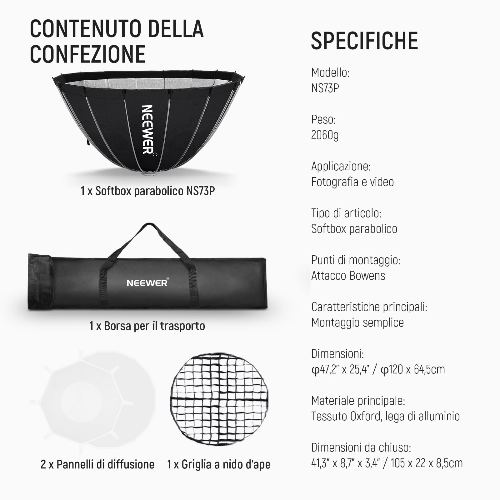 NEEWER Kit Softbox Parabolico, 120cm Soft Box ad Attacco Bowens con Diffusori Luce per Fotografia Studio Registrazione Video Streaming, Compatibile con Aputure 120d Compatibile con Godox SL60w, NS73P