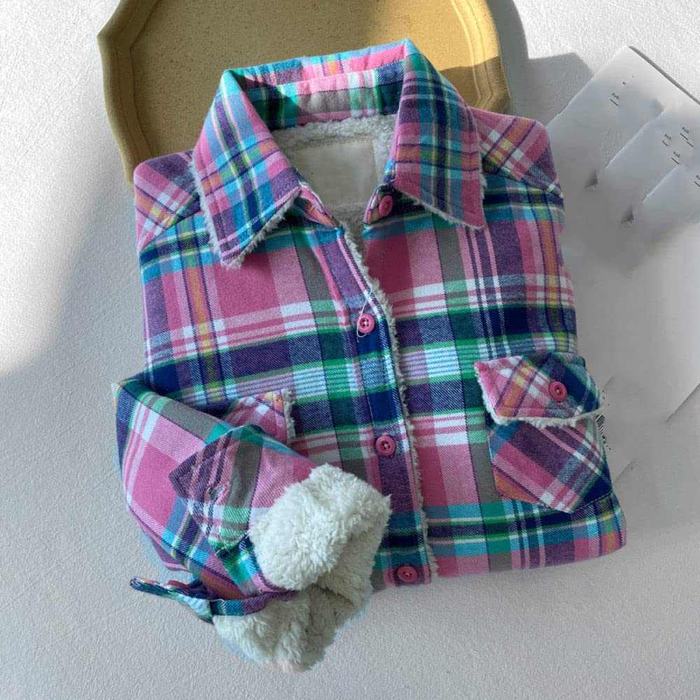 Bluse Elegant Damen Hemd, Holzfällerhemden Damen Sherpa Cotton Pink Kariert Flanellhemden Damen Freizeit Mäntel Roll Up Ärmel Strickjacke Vintage Knöpfe Sexy Hemden Damen