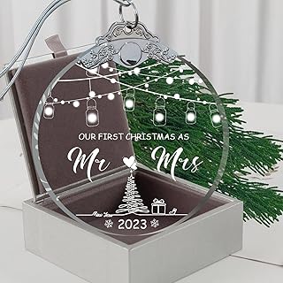 First Christmas Married Ornament 2023 Mr and Mrs Gifts Glass 3", Wedding Gifts for Couples Unique 2023 with Gift Box, Bridal Shower Gift Just Married Ornaments Newlywed Keepsake Gift-Mr Mrs 1