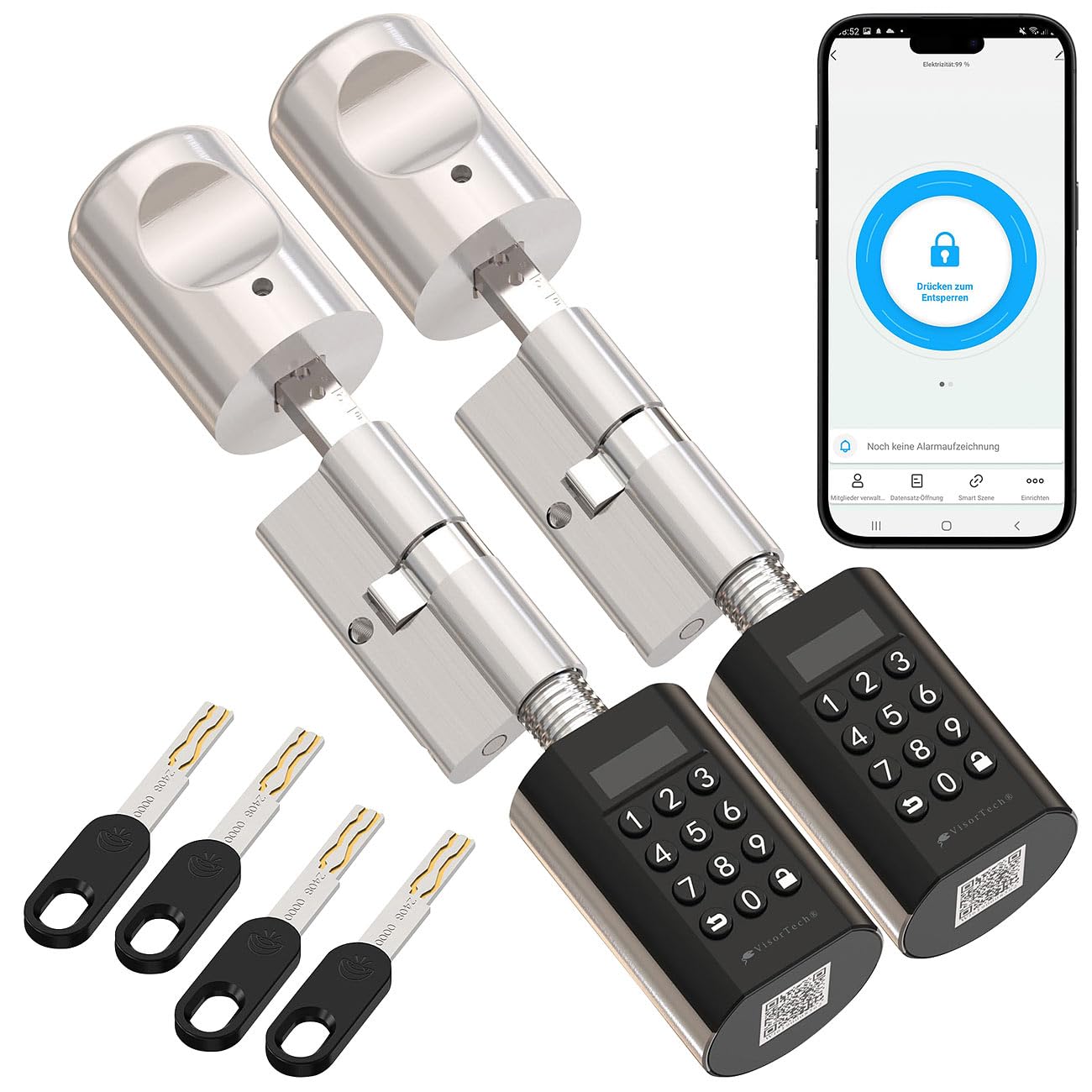 VisorTech Elektronik Schlösser: 2er-Set Elektronischer Tür-Schließzylinder, PIN-Code, 2 Schlüssel, App (Türschloss, Bluetooth, Türschloss Zylinder mit Knauf, Handy)