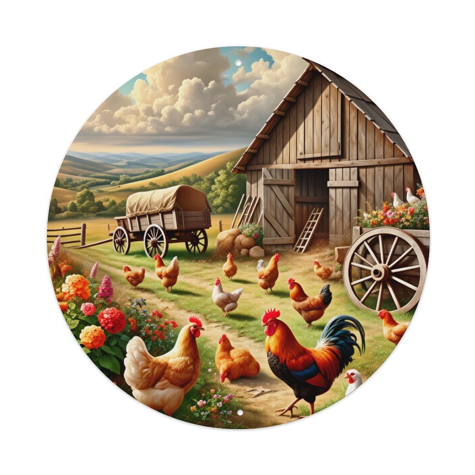 Farmyard Scene With Chickens And Barn Round Tin Sign Vintage Metal Poster, Home Bar Garage Man Cave Cafe Indoor & Outdoor Wall Decoration 8x8Inches