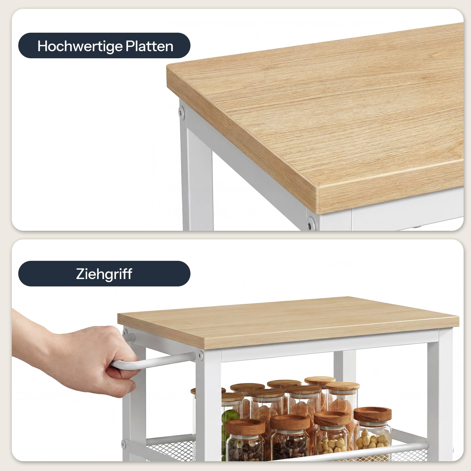 HOOBRO 4-stöckiger Servierwagen mit Rollen und Verstellbaren Füßen, Rollwagen mit Zaun, Küchenwagen, Küchenregal, Barwagen, für Küche, Wohnzimmer, Badezimmer, Weiß und Natur EWN72TC01