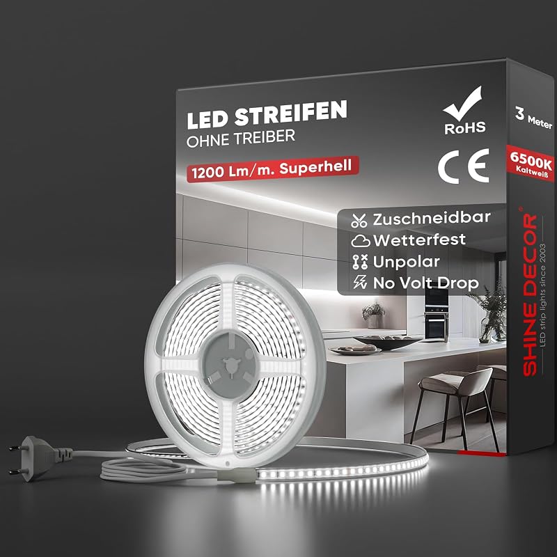 Shine Decor LED szalag 3m, 220V IP65 vízálló, 120 LED/m hideg fehér konyha kert dekoráció