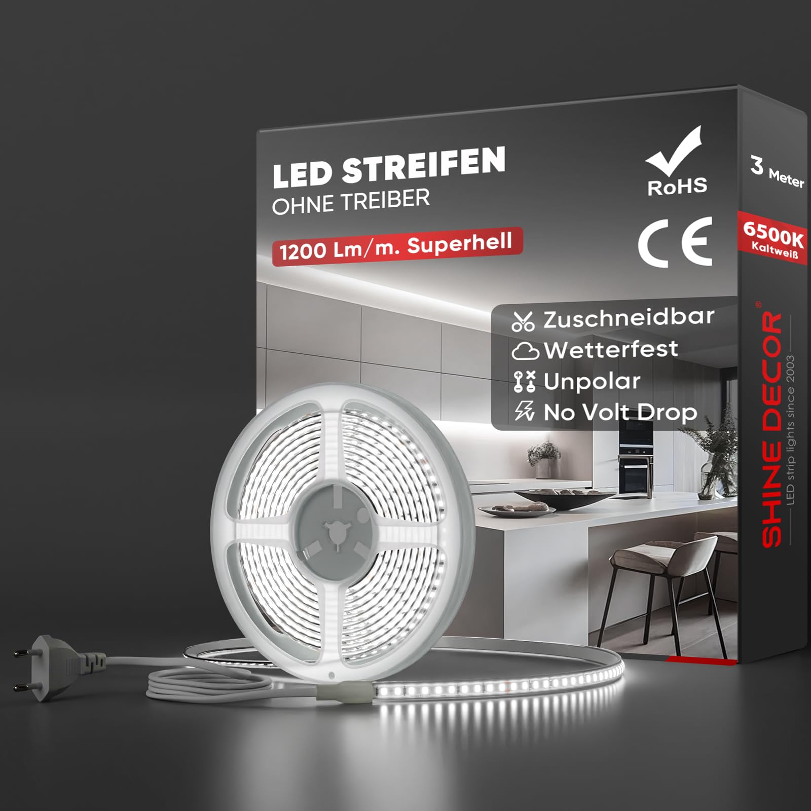 Shine Decor LED Streifen, AC 220V 230V IP65 Wasserdicht LED Band, SMD 2835 120 leds/m Ultrahohe Helligkeit Lichtleiste für Home Decoration Küche Garten LED Beleuchtung
