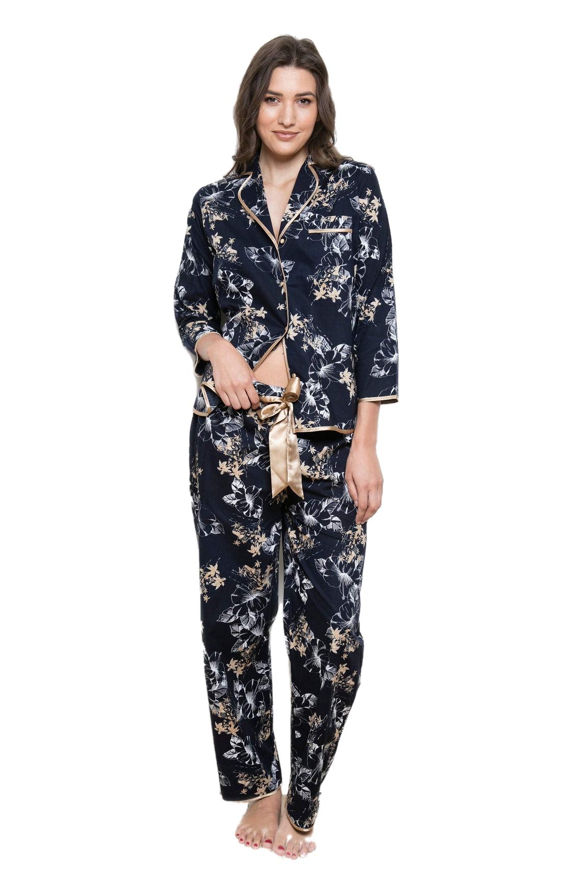 Ladies 100% Cotton Navy Blue & Gold Wild Hibiscus Floral Print Pyjamas PJ Set Cottonreal