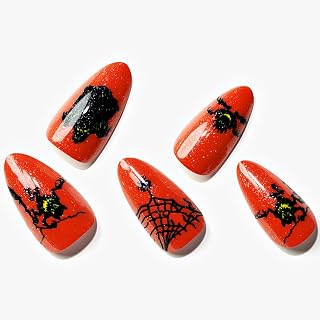 Press on Nails Medium Almond for Winter,Black Red Gothic Glue on Gel Nails with Spider Design, 24 Pcs Reusable Glossy Fake Nails Acrylic False Nails Manicure Kit for Women Gift