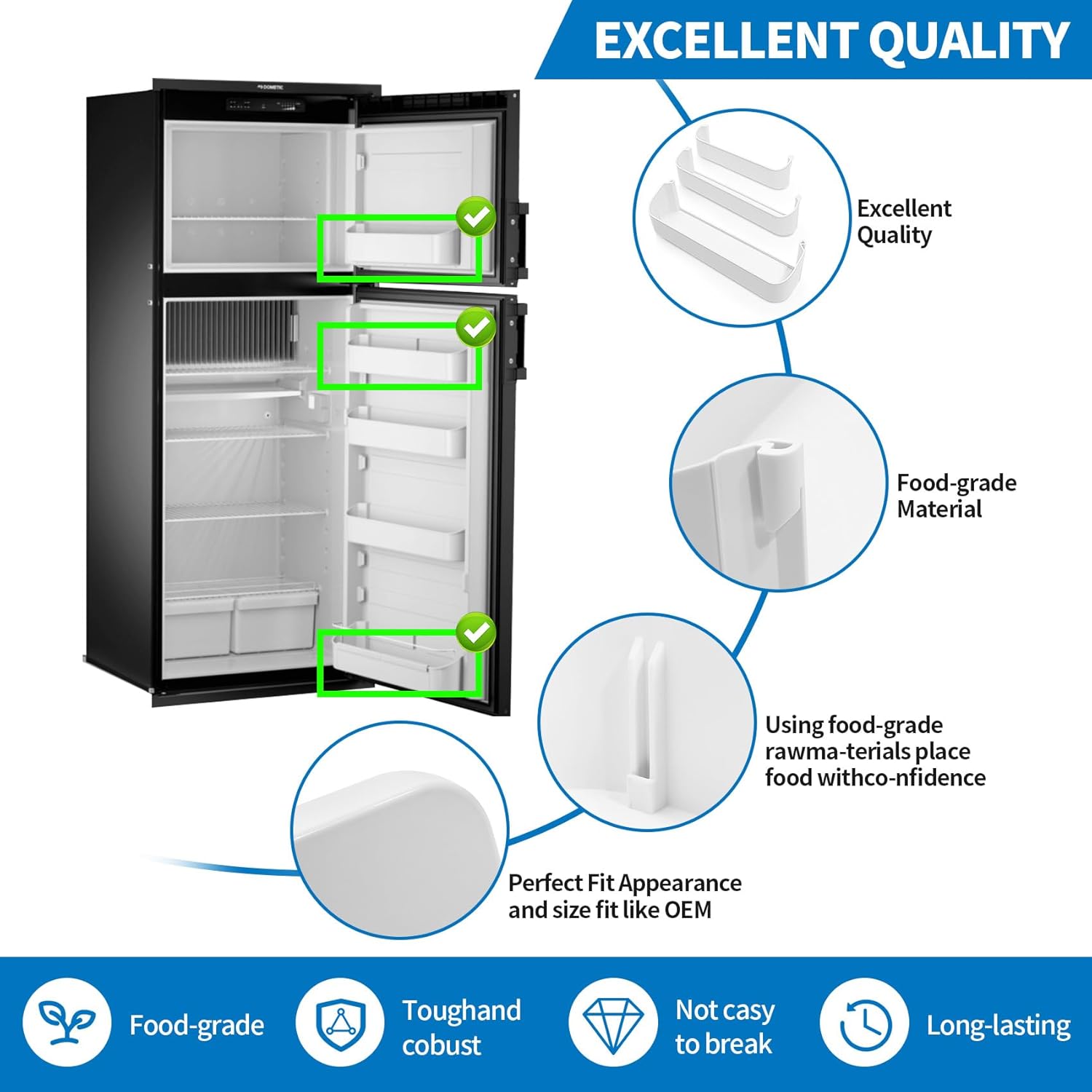 29325760166 RV Refrigerator Door Shelf Kit Compatible with Dometic DM2672 DM2682 DM2683 DM2862 DM2652, Replace RV Fridge Freezer (3316081901) /Upper (2932576016) /Bottom (2932575018) Door Shelf