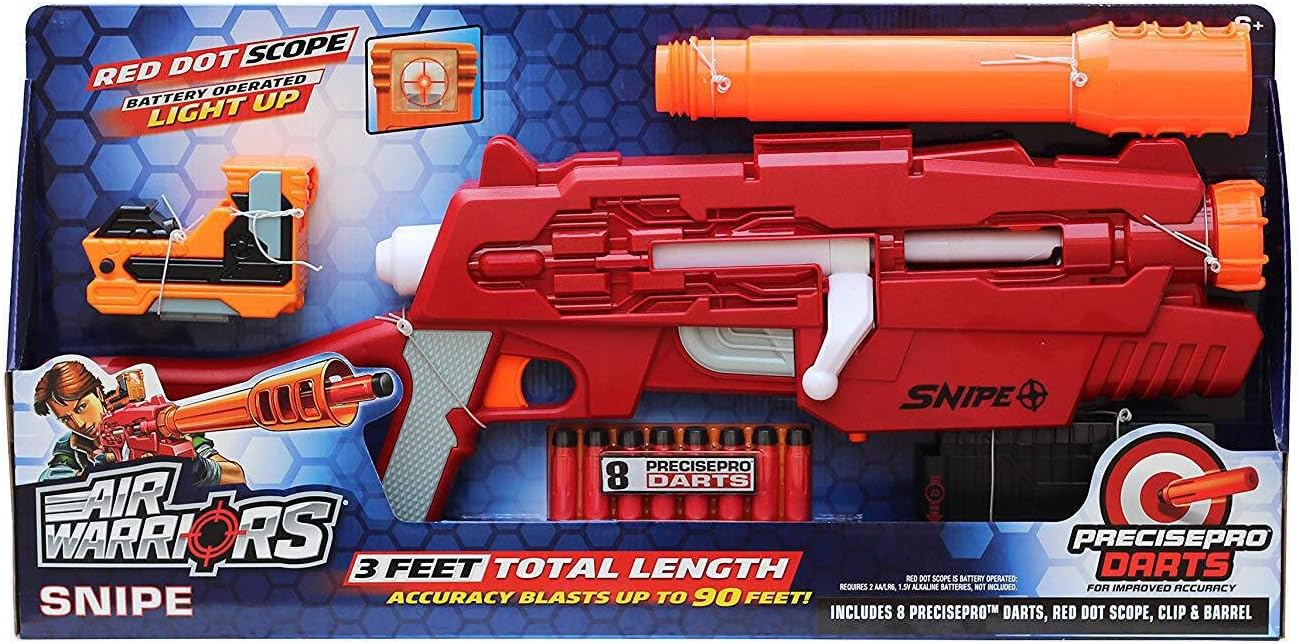 Buzz Bee Air Warriors Snipe Blaster Toy Gun for Kids with Lot of Accessories - Red Dot Scope, Barrel Extension, 8 Dart Clip and 8 Nerf Compatible Precise Pro Darts
