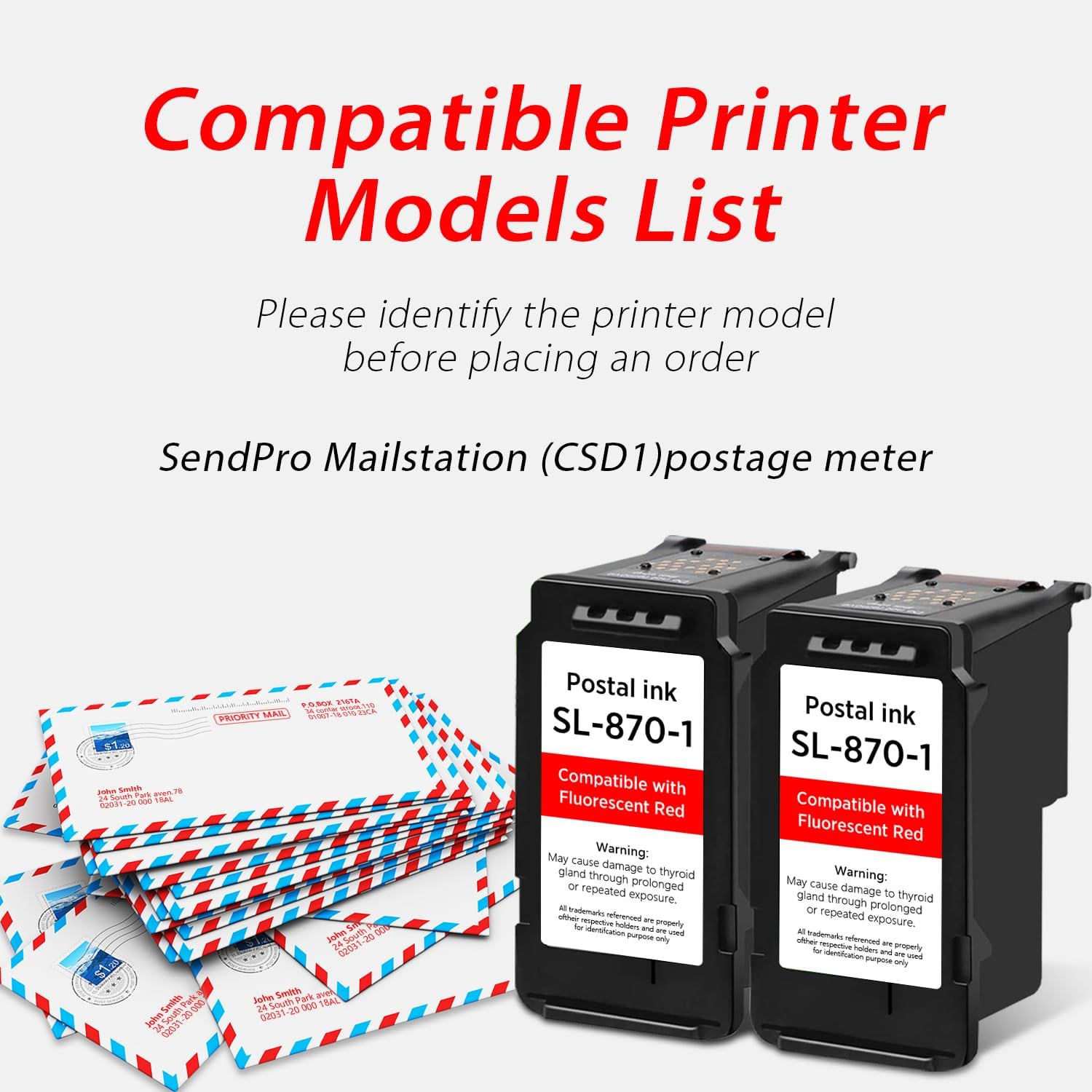 SL-870-1 Fluorescent Red Ink Cartridge 2-Pack 18ML, High Yield Compatible with Pitney Bowes New SendPro Mailstation (CSD1) Postage Meter